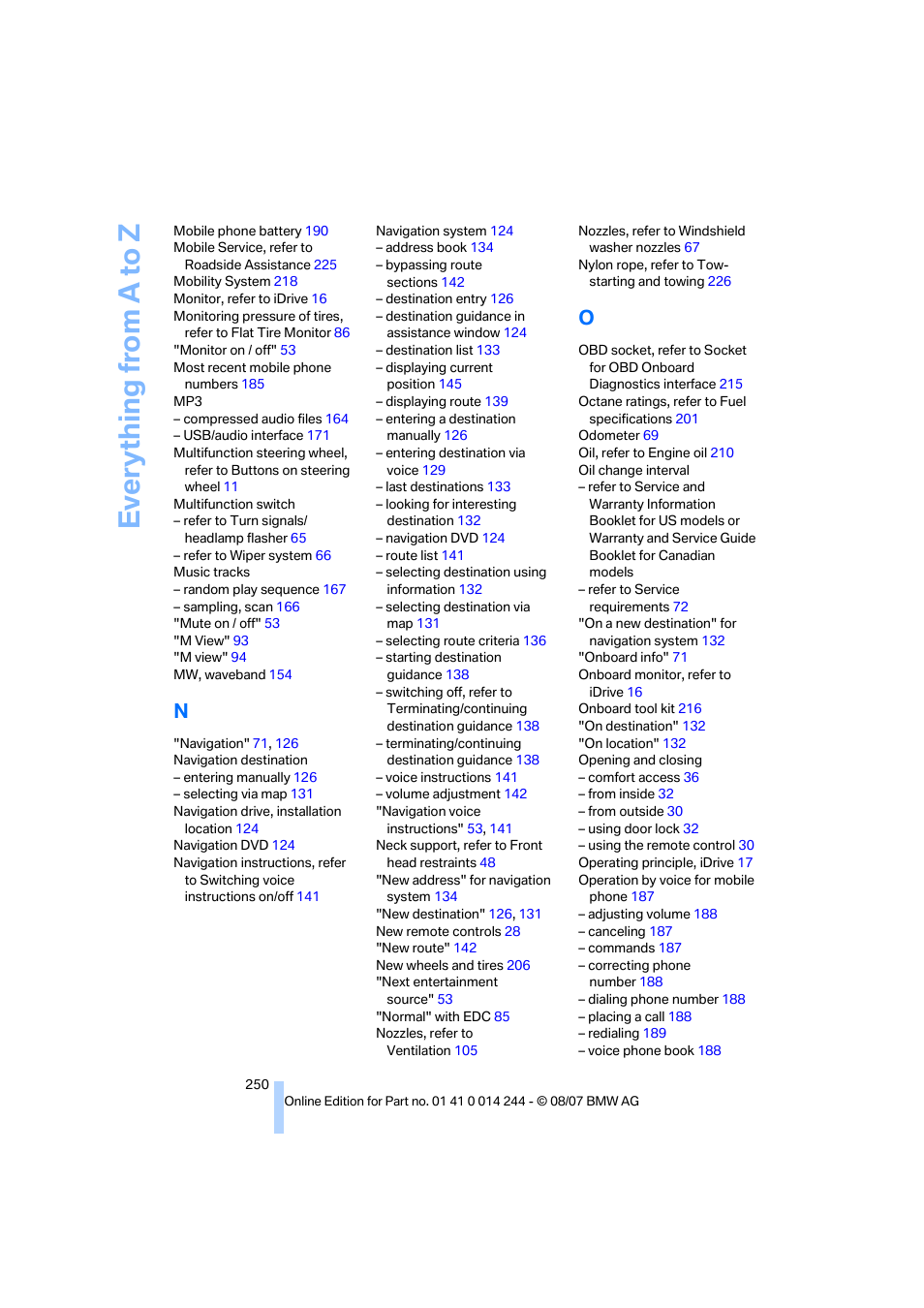 Everything from a to z | BMW M6 Convertible 2008 User Manual | Page 252 / 262