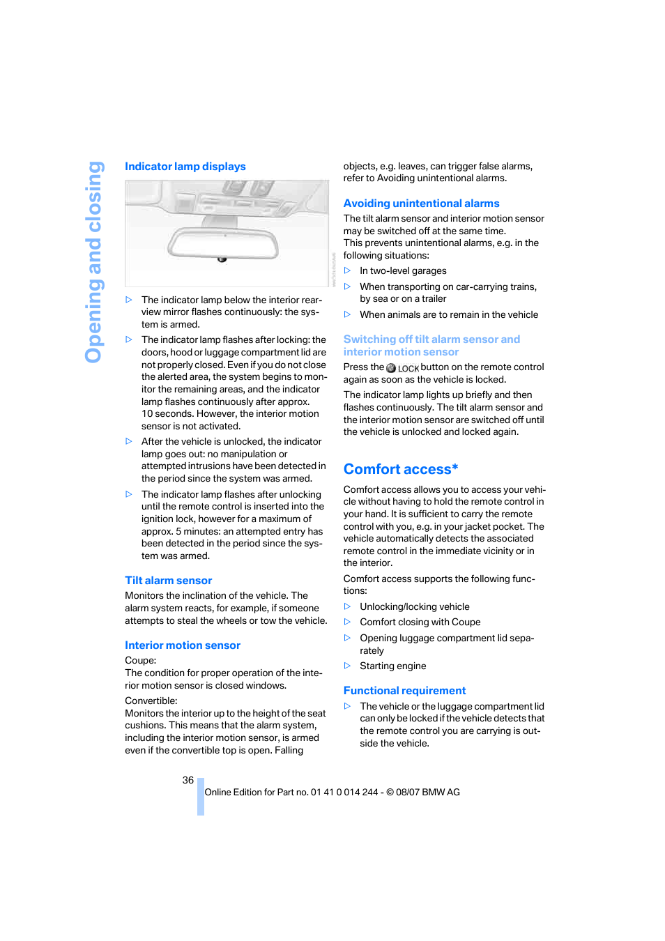 Comfort access, Opening and closing | BMW M6 Convertible 2008 User Manual | Page 38 / 262