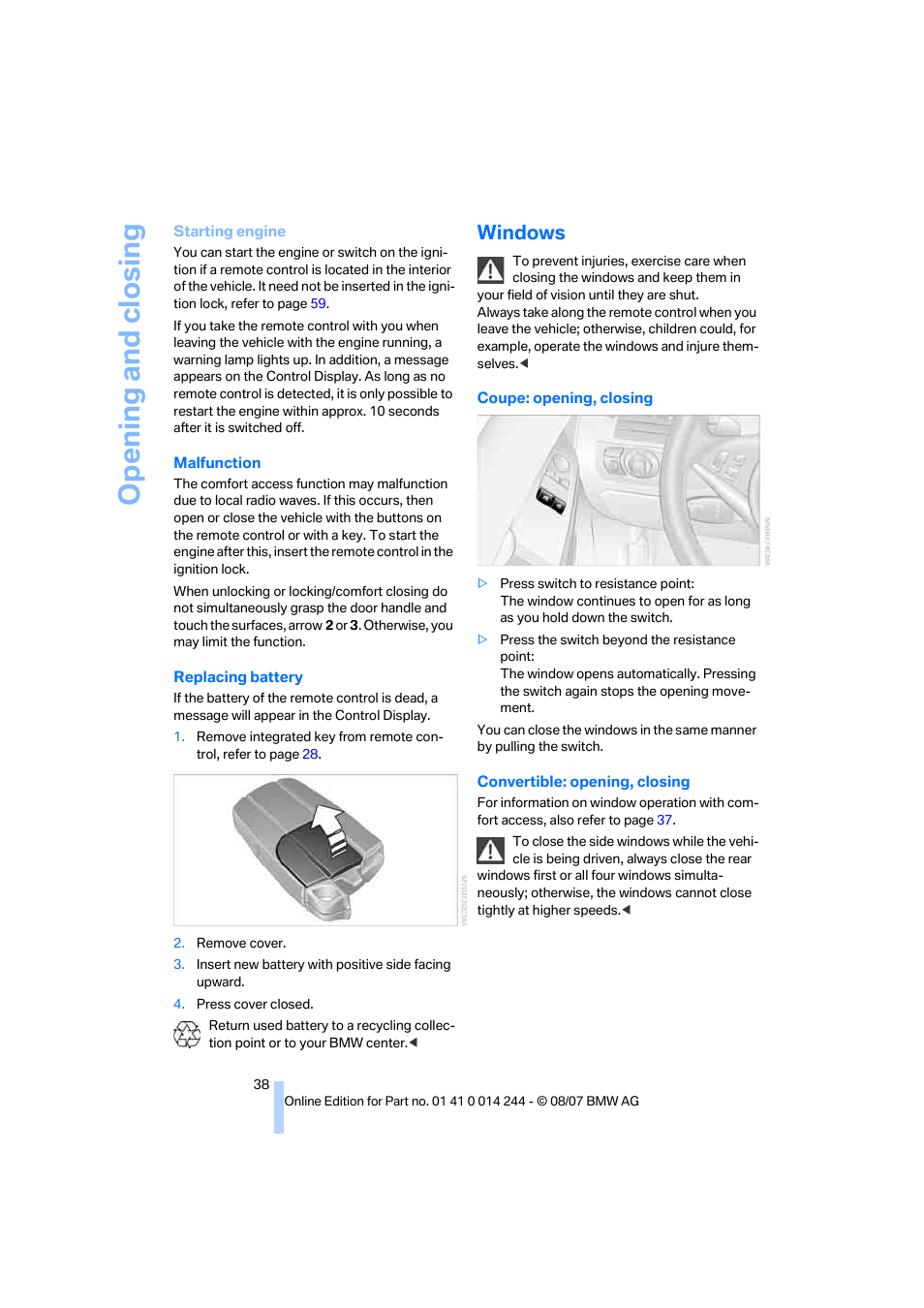 Windows, Opening and closing | BMW M6 Convertible 2008 User Manual | Page 40 / 262