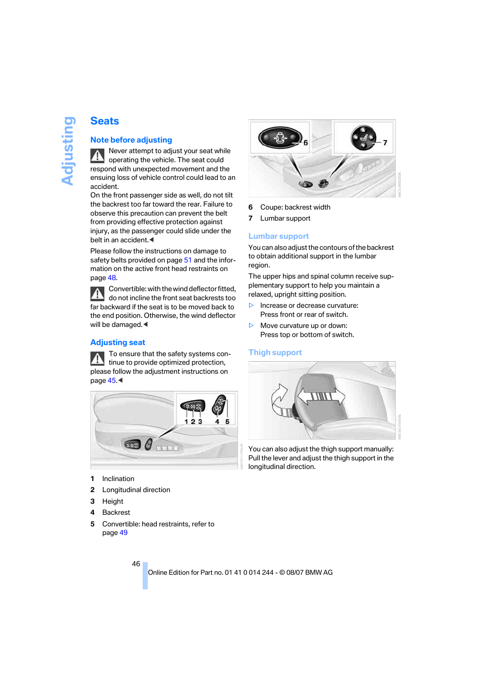 Seats, Adju sting | BMW M6 Convertible 2008 User Manual | Page 48 / 262