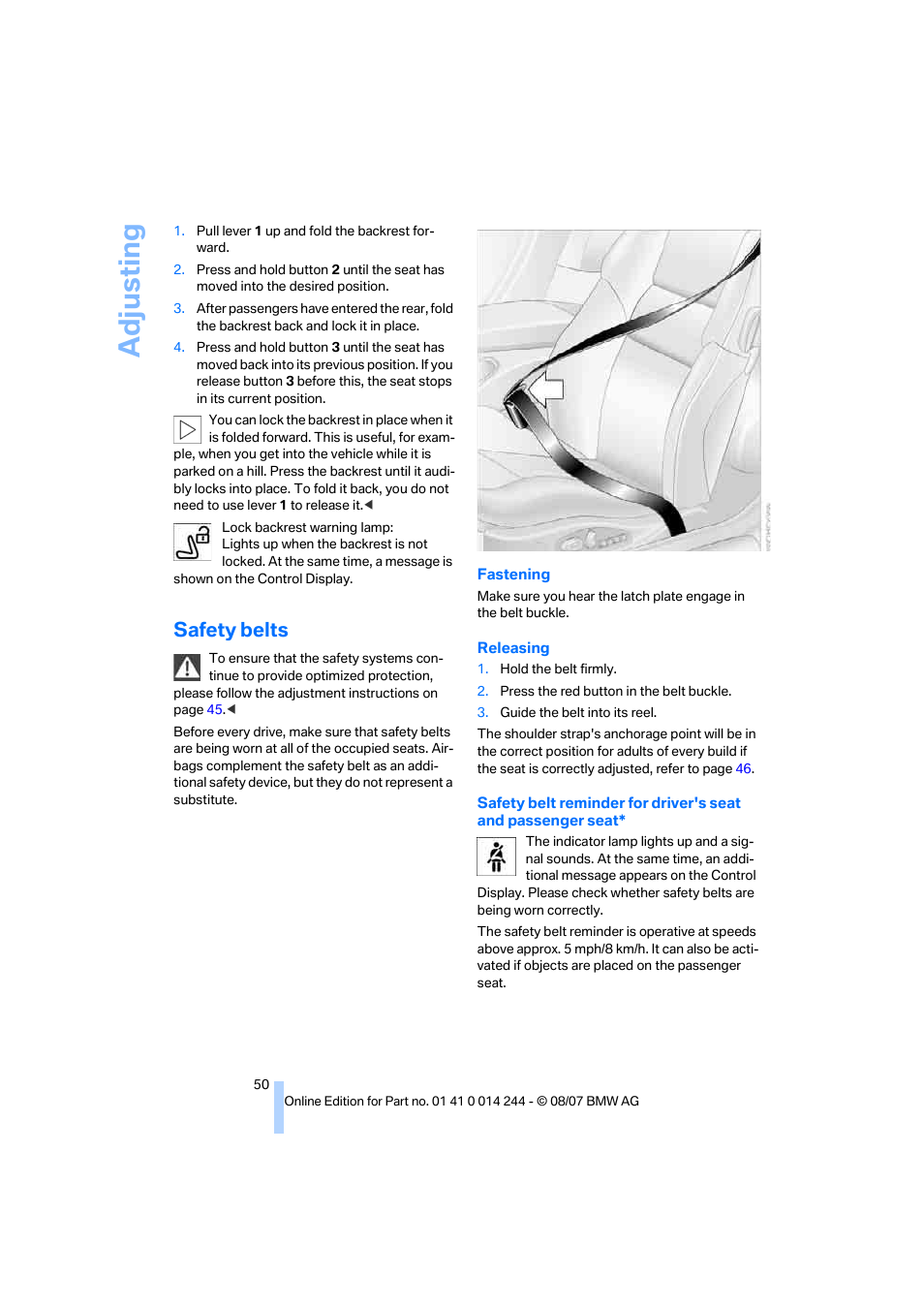 Safety belts, Adju sting | BMW M6 Convertible 2008 User Manual | Page 52 / 262