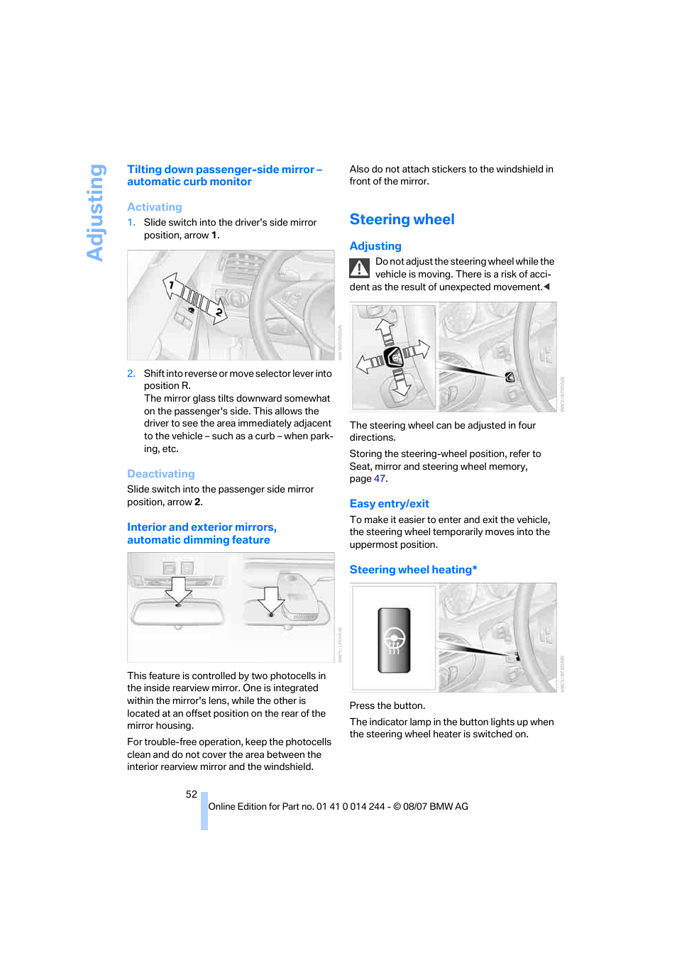 Steering wheel, Ment, Adju sting | BMW M6 Convertible 2008 User Manual | Page 54 / 262