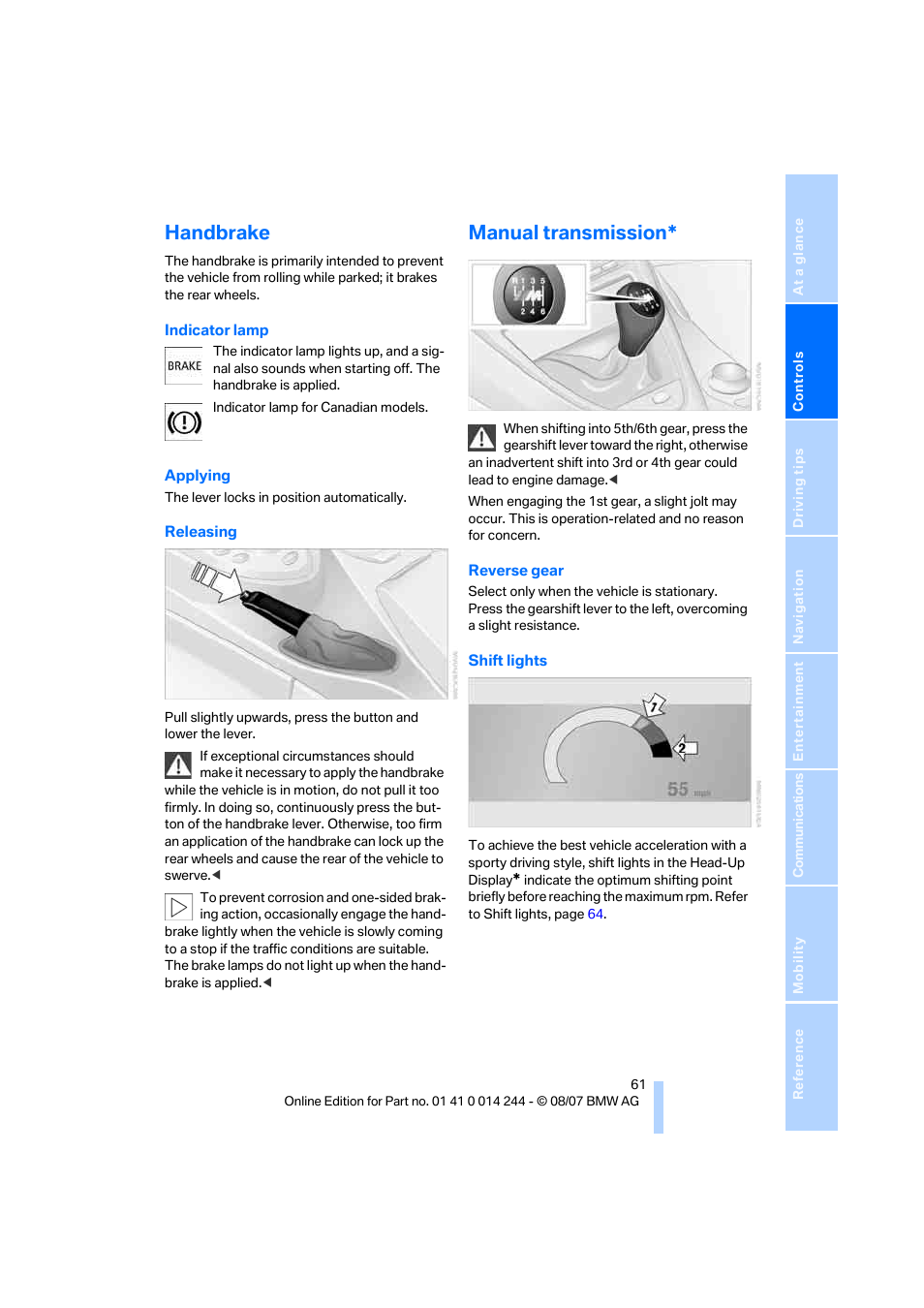 Handbrake, Manual transmission | BMW M6 Convertible 2008 User Manual | Page 63 / 262