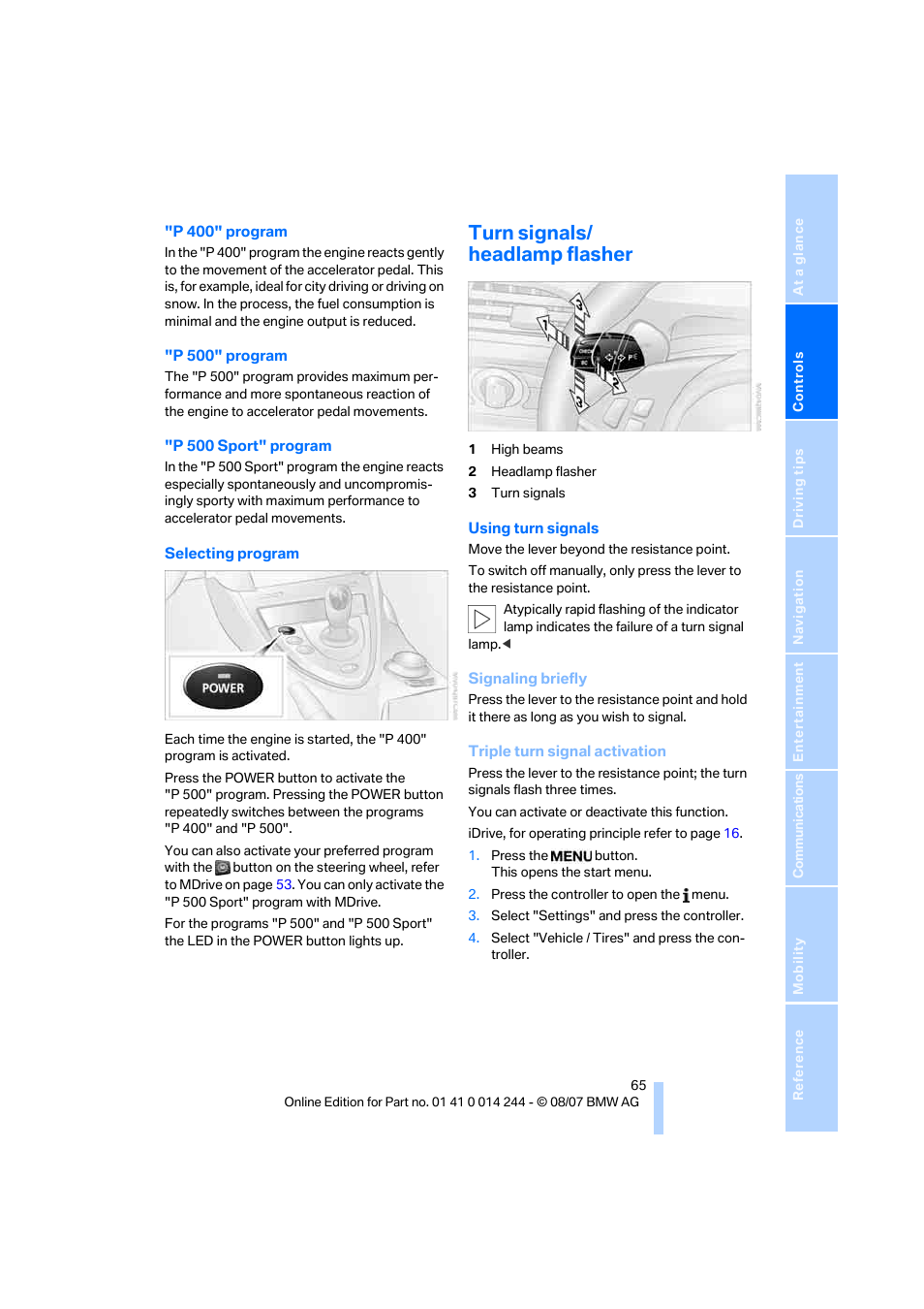 Turn signals/ headlamp flasher, Gnals | BMW M6 Convertible 2008 User Manual | Page 67 / 262