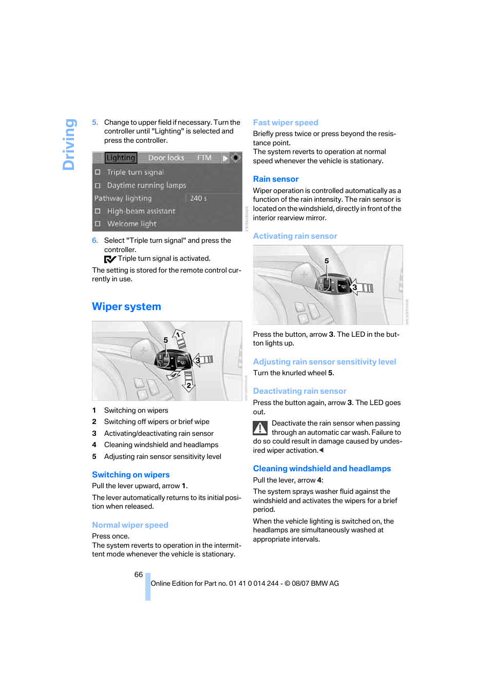 Wiper system, Driving | BMW M6 Convertible 2008 User Manual | Page 68 / 262