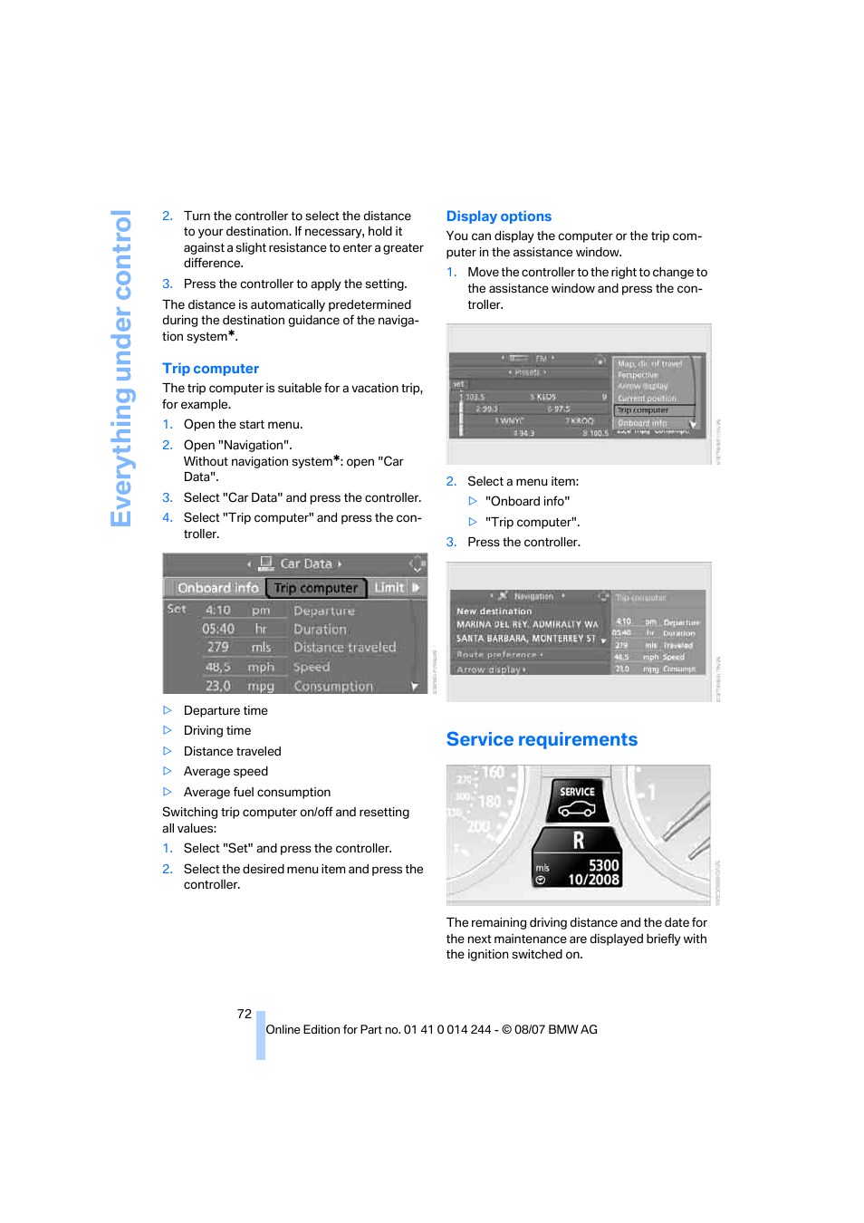 Service requirements, Trip computer, Eve ryth ing un de r co nt rol | BMW M6 Convertible 2008 User Manual | Page 74 / 262