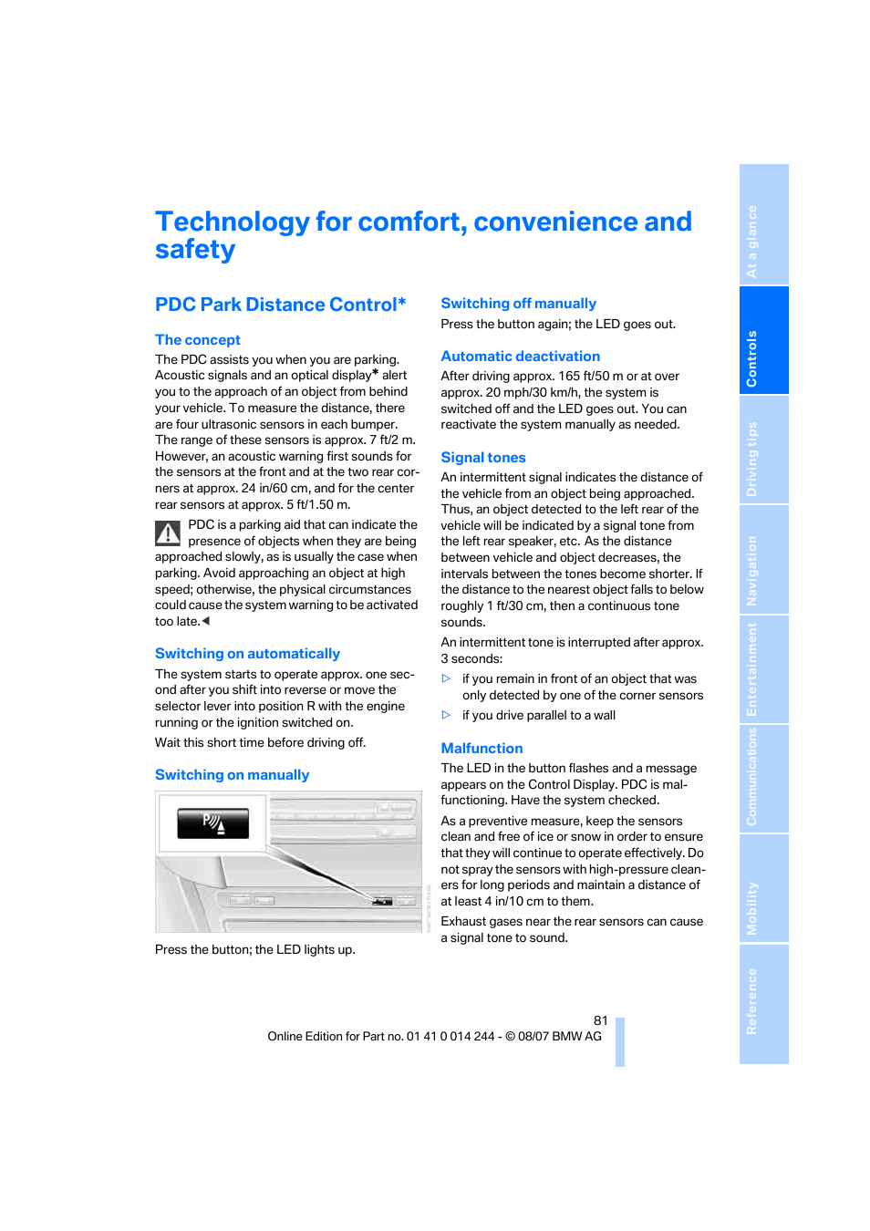 Technology for comfort, convenience and safety, Pdc park distance control | BMW M6 Convertible 2008 User Manual | Page 83 / 262