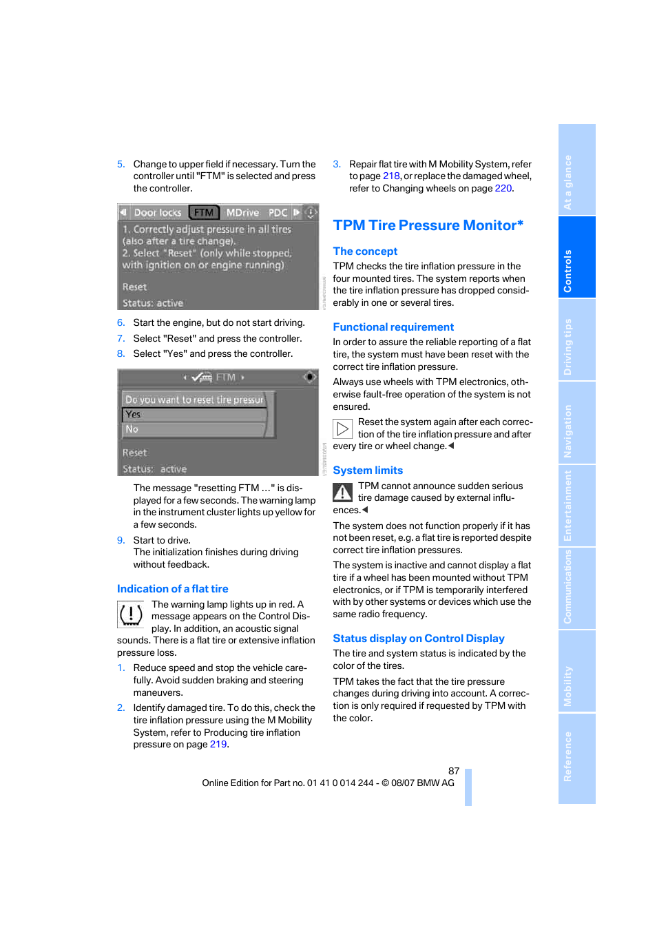 Tpm tire pressure monitor, Indication of a flat tire. the | BMW M6 Convertible 2008 User Manual | Page 89 / 262