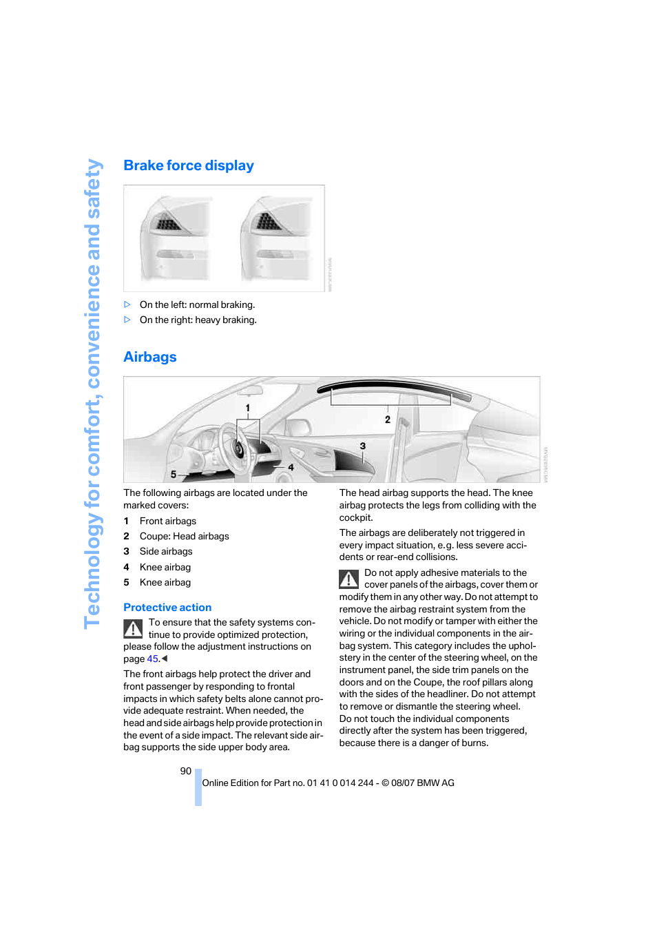 Brake force display, Airbags | BMW M6 Convertible 2008 User Manual | Page 92 / 262