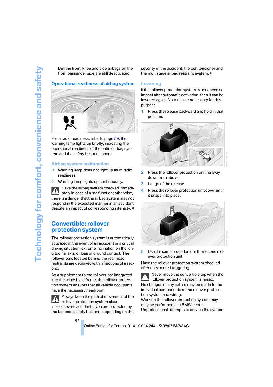 Convertible: rollover protection system | BMW M6 Convertible 2008 User Manual | Page 94 / 262