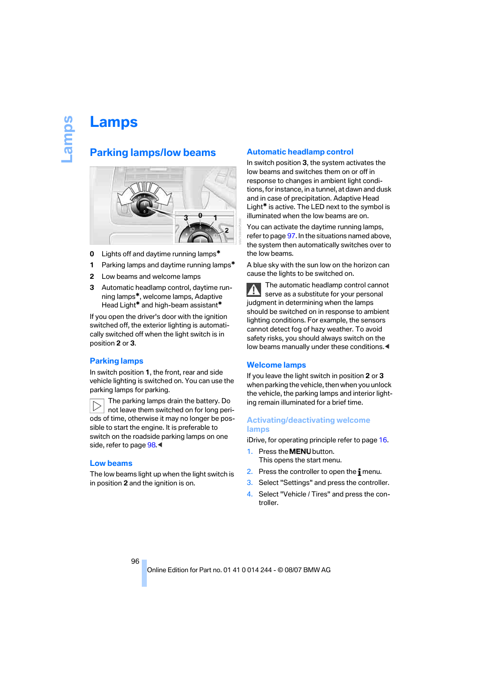 Lamps, Parking lamps/low beams, La mp s | BMW M6 Convertible 2008 User Manual | Page 98 / 262