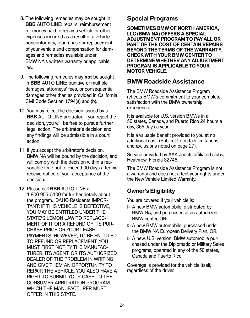 Special programs, Bmw roadside assistance | BMW Z4 M Roadster 2008 User Manual | Page 28 / 54