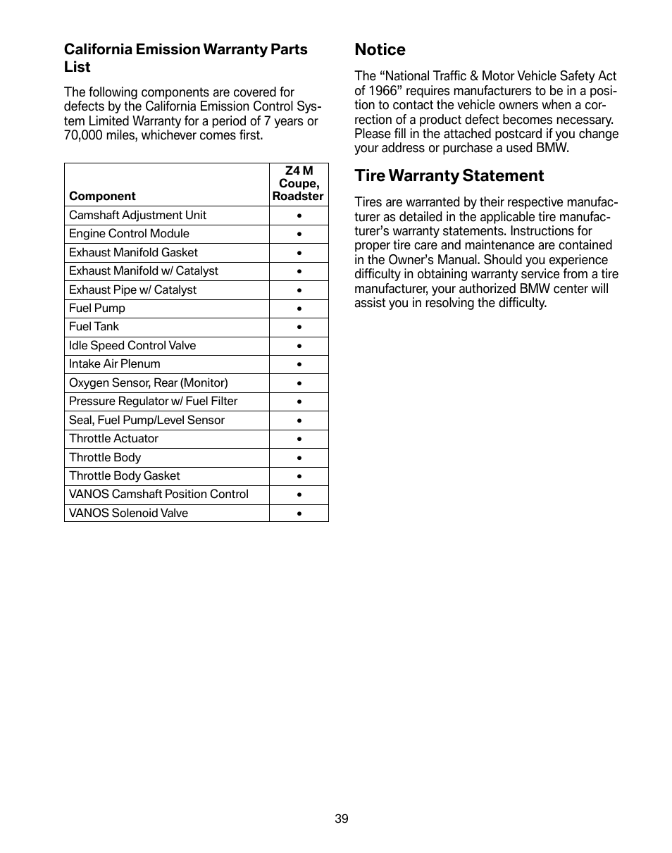 Notice, Tire warranty statement | BMW Z4 M Roadster 2008 User Manual | Page 43 / 54