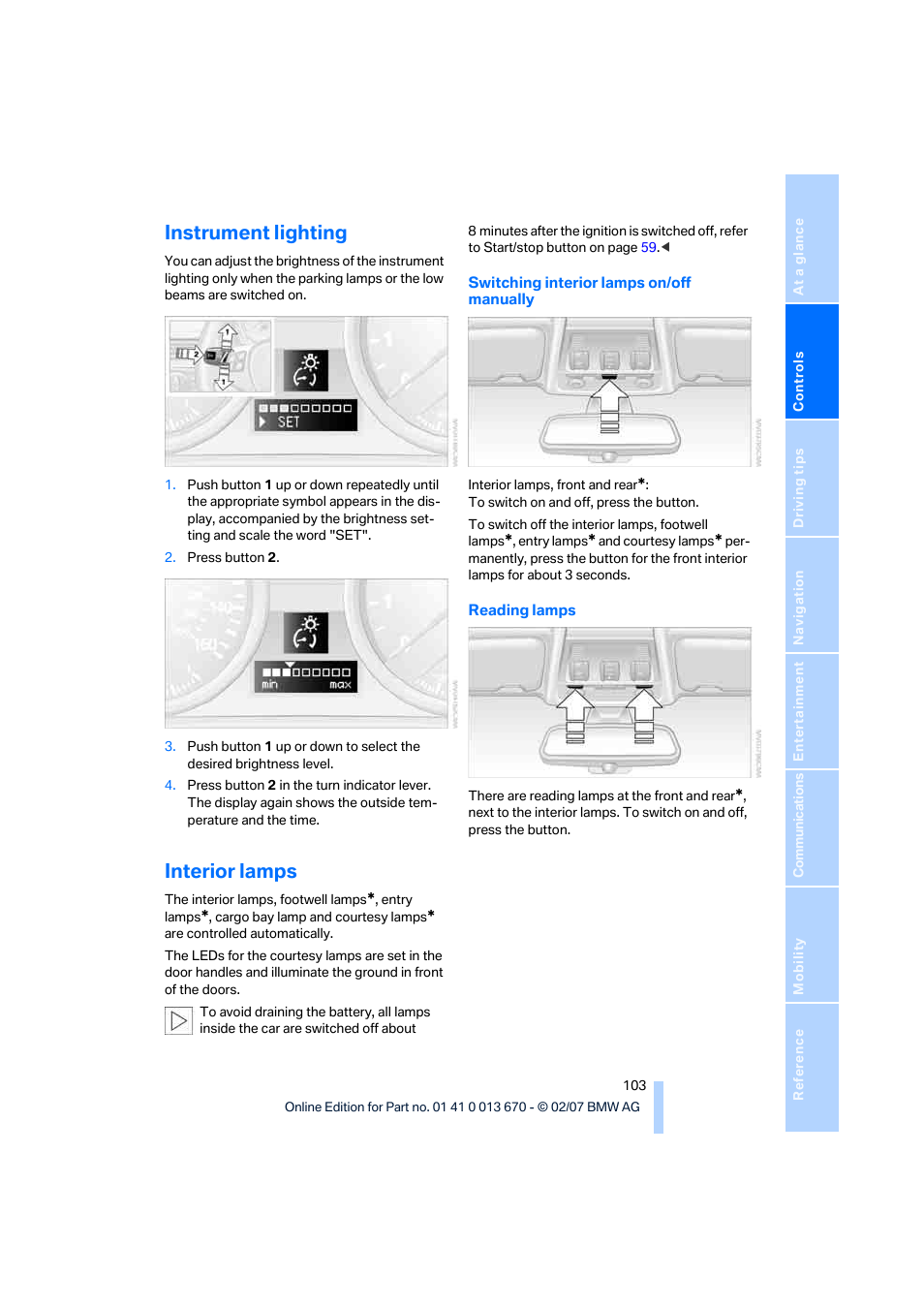 Instrument lighting, Interior lamps, Ghting | BMW 335i Convertible 2007 User Manual | Page 105 / 272