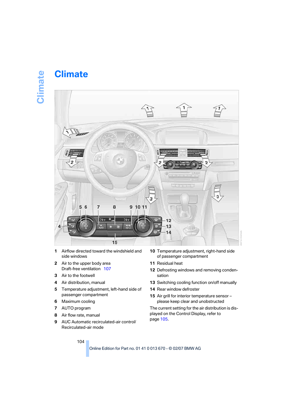 Climate | BMW 335i Convertible 2007 User Manual | Page 106 / 272