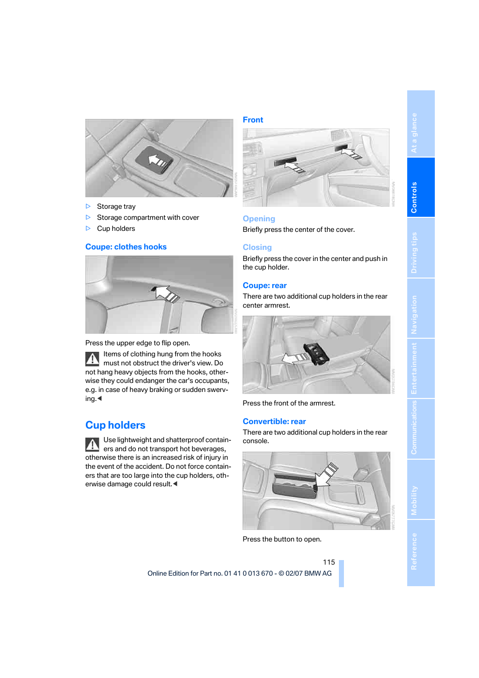 Cup holders | BMW 335i Convertible 2007 User Manual | Page 117 / 272
