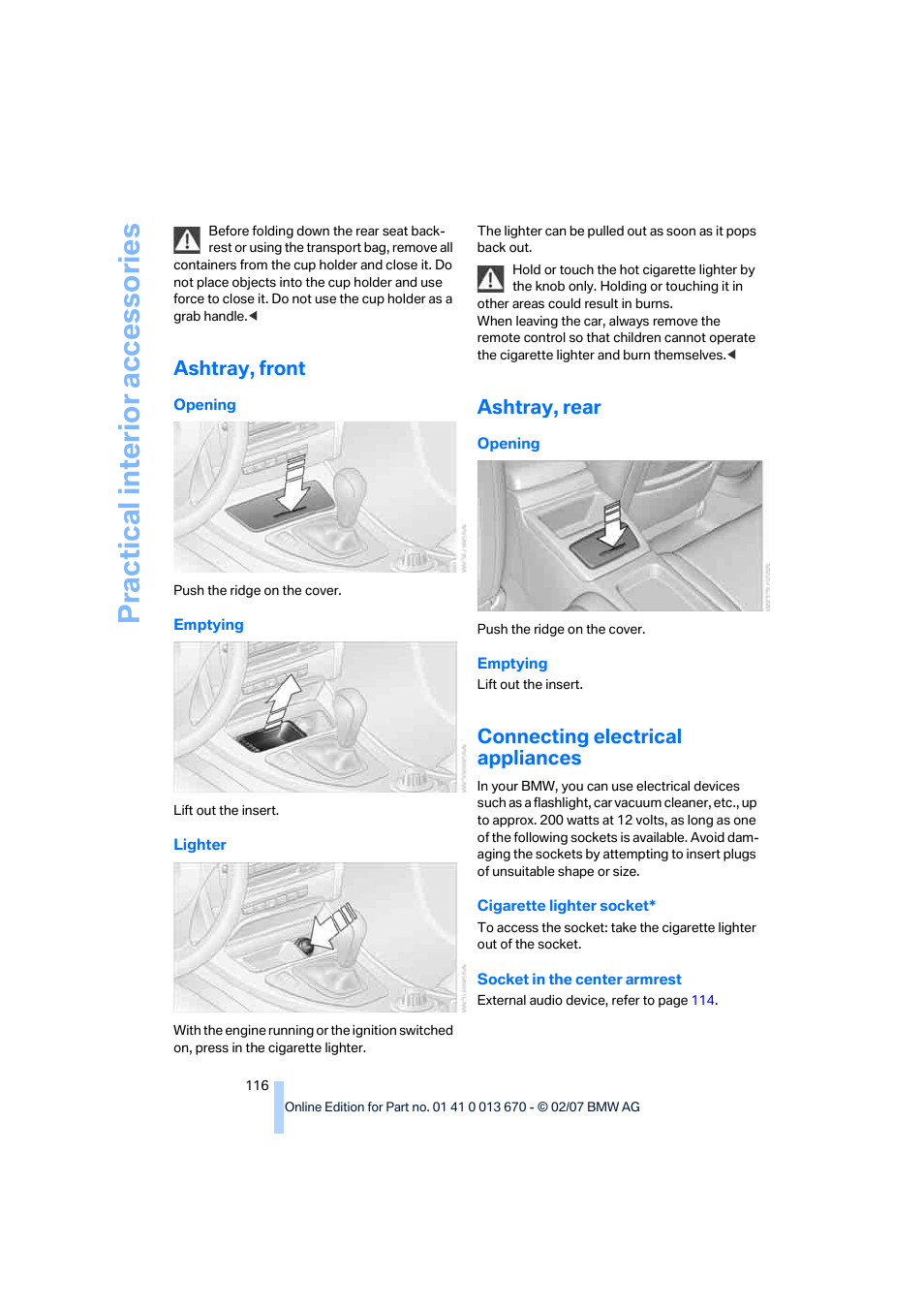 Ashtray, front, Ashtray, rear, Connecting electrical appliances | Practical interi or acc ess orie s | BMW 335i Convertible 2007 User Manual | Page 118 / 272