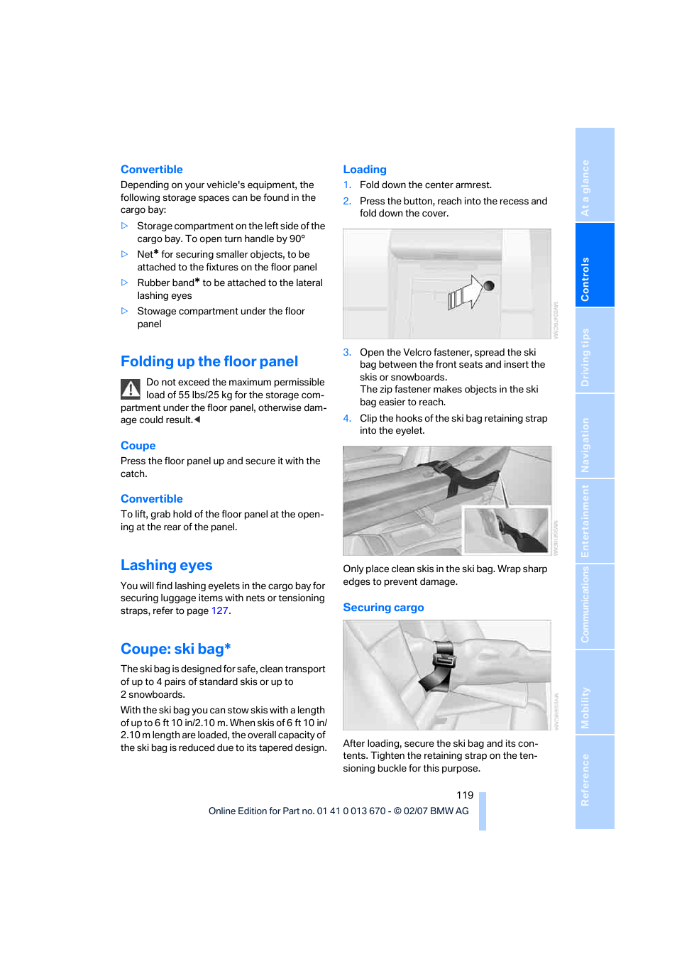 Folding up the floor panel, Lashing eyes, Coupe: ski bag | BMW 335i Convertible 2007 User Manual | Page 121 / 272