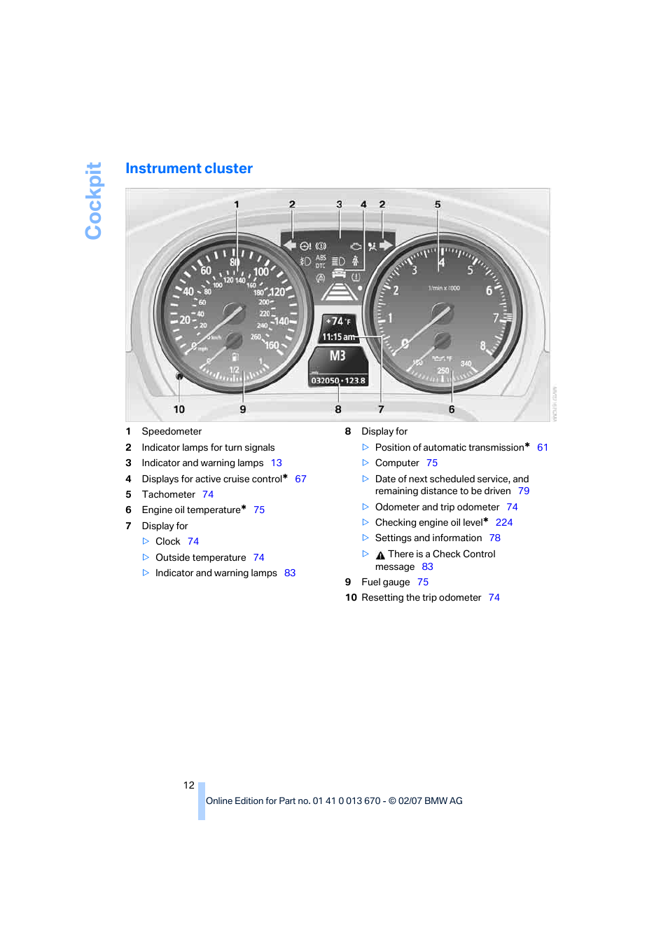 Instrument cluster, Cockpit | BMW 335i Convertible 2007 User Manual | Page 14 / 272