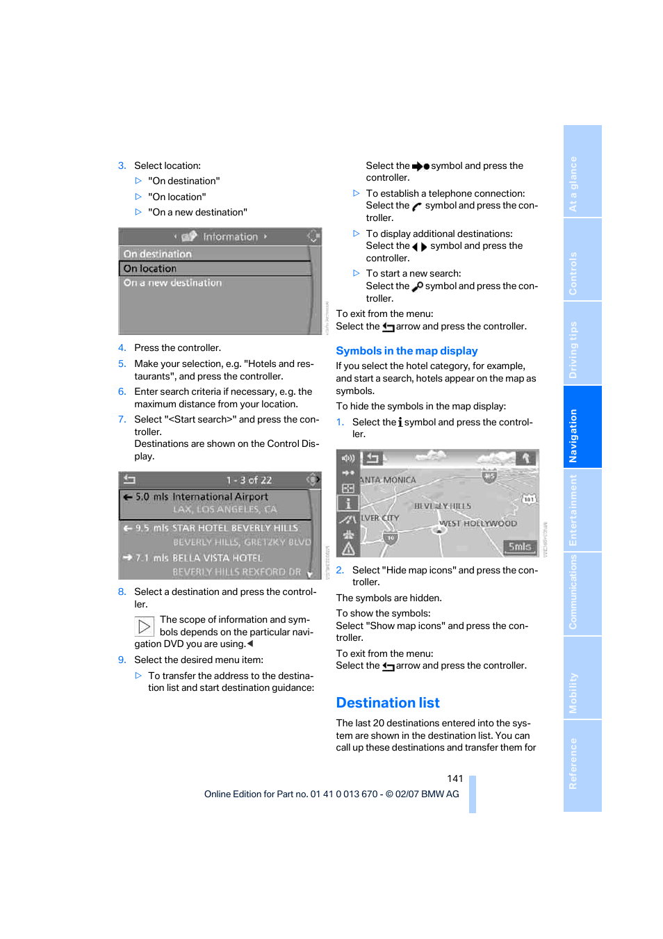 Destination list | BMW 335i Convertible 2007 User Manual | Page 143 / 272