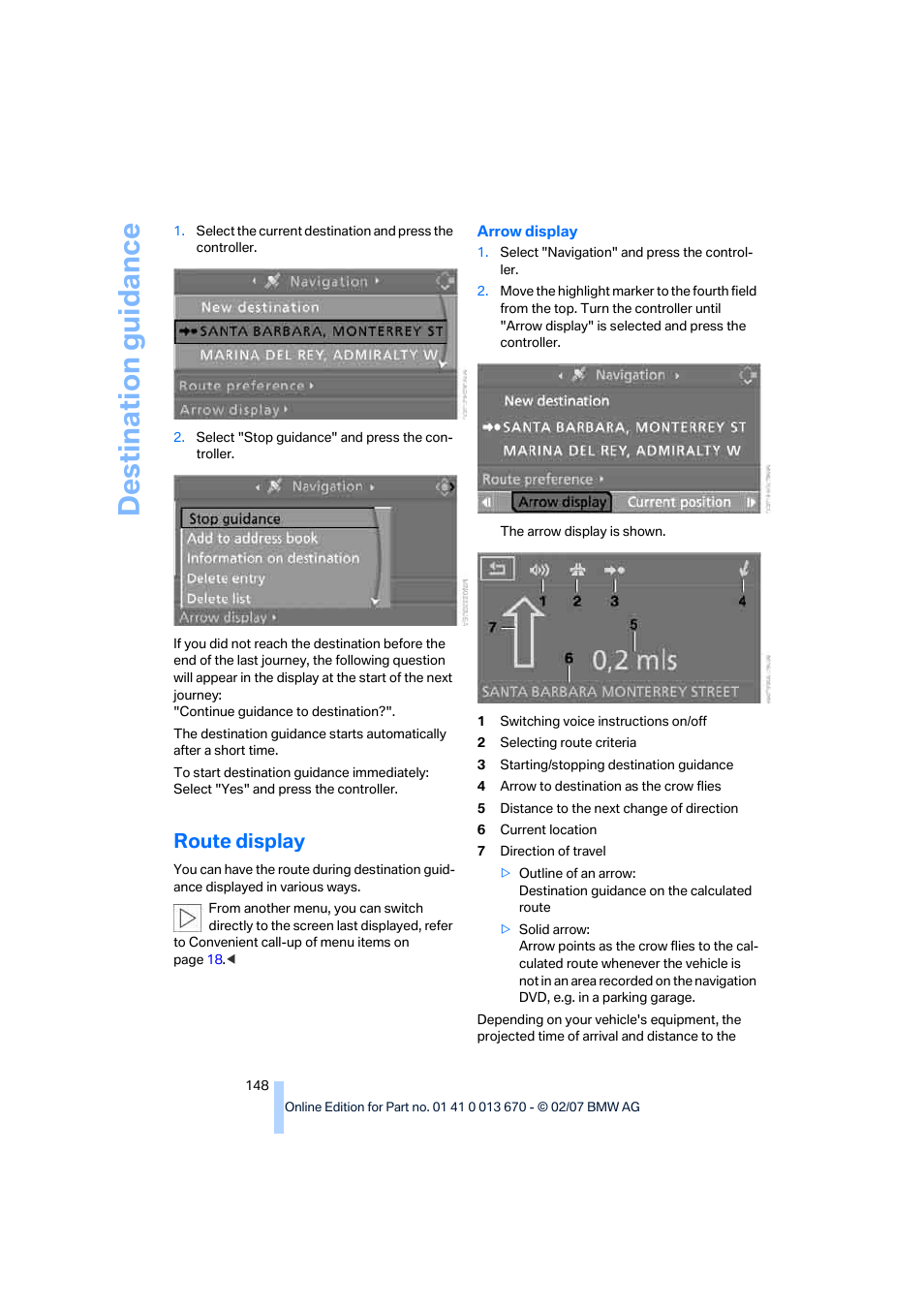 Route display, Destination guidance | BMW 335i Convertible 2007 User Manual | Page 150 / 272