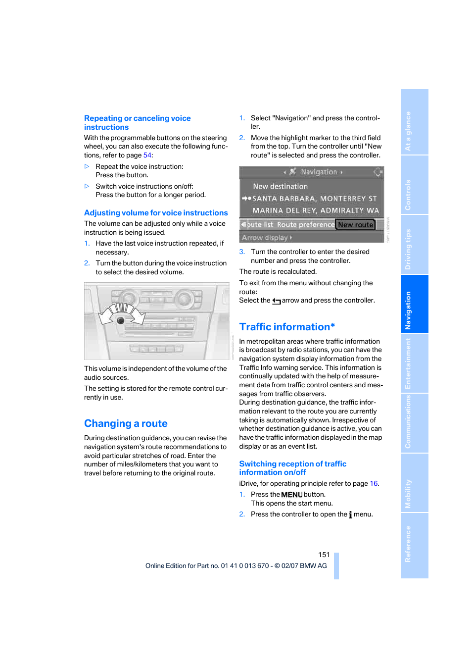 Changing a route, Traffic information | BMW 335i Convertible 2007 User Manual | Page 153 / 272