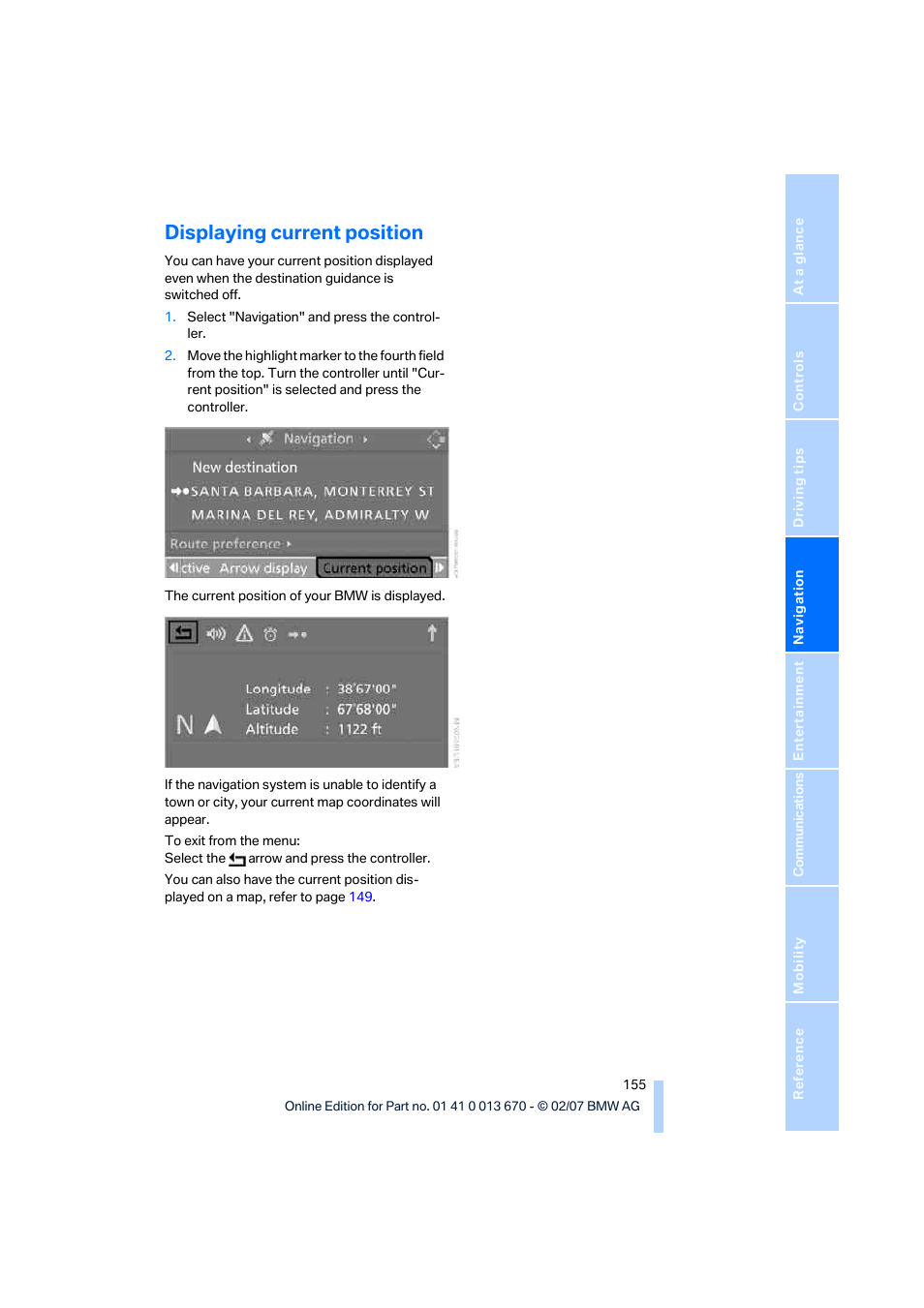 Displaying current position | BMW 335i Convertible 2007 User Manual | Page 157 / 272