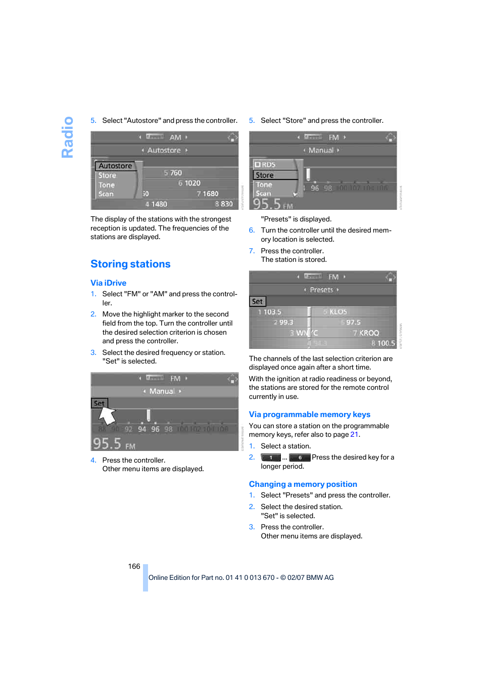 Storing stations, Ra di o | BMW 335i Convertible 2007 User Manual | Page 168 / 272