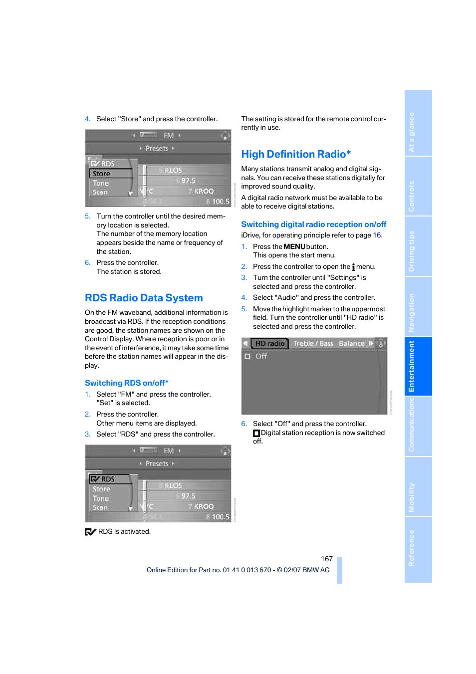 Rds radio data system, High definition radio | BMW 335i Convertible 2007 User Manual | Page 169 / 272