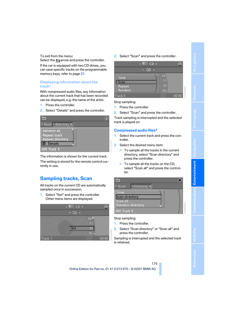 Sampling tracks, scan | BMW 335i Convertible 2007 User Manual | Page 177 / 272