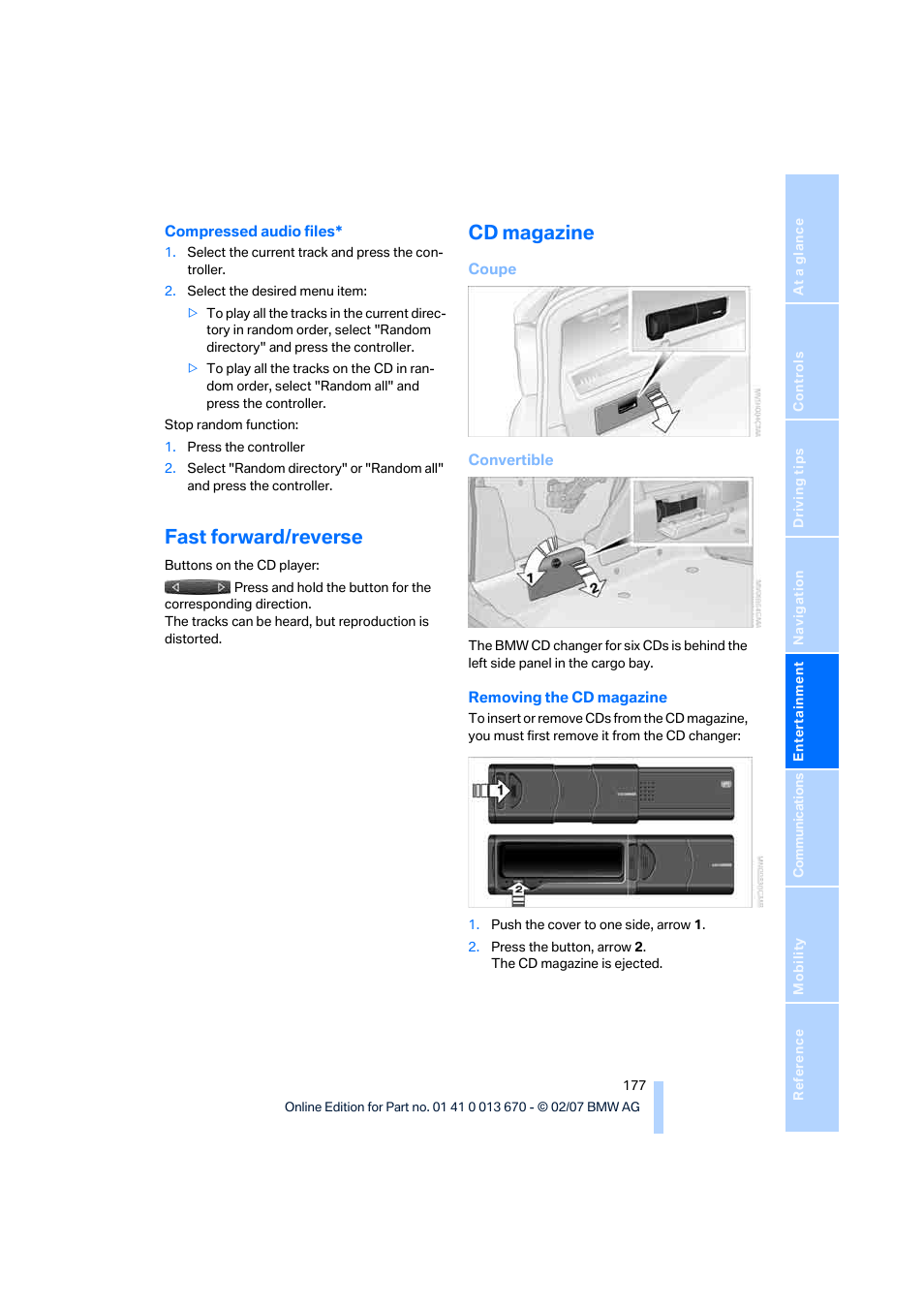 Fast forward/reverse, Cd magazine | BMW 335i Convertible 2007 User Manual | Page 179 / 272