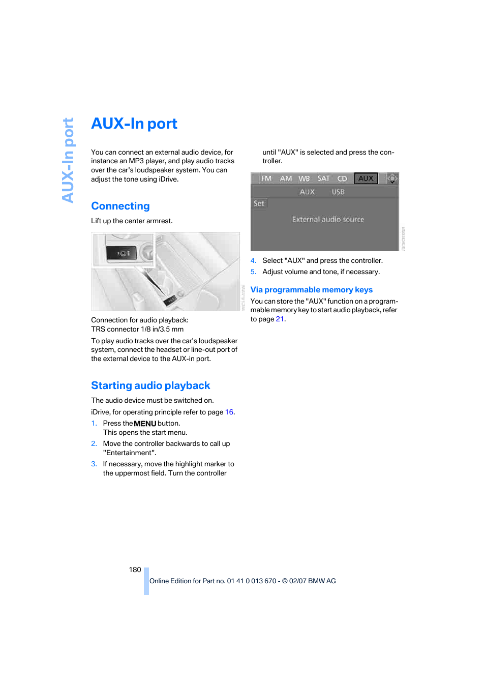 Aux-in port, Connecting, Starting audio playback | Au x-in port | BMW 335i Convertible 2007 User Manual | Page 182 / 272