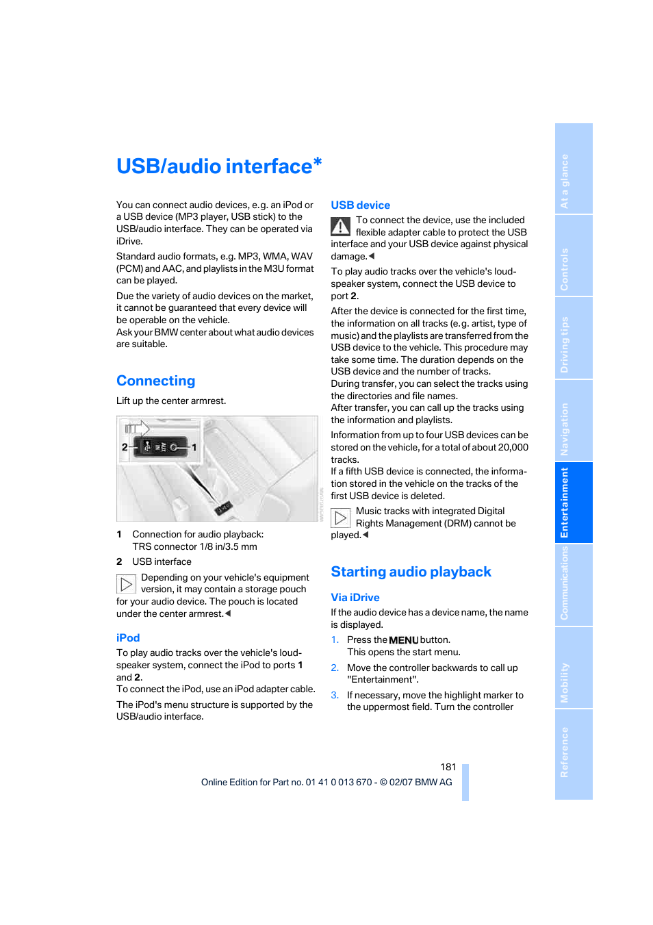 Usb/audio interface, Connecting, Starting audio playback | BMW 335i Convertible 2007 User Manual | Page 183 / 272