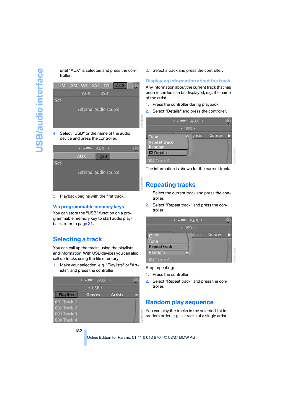 Selecting a track, Repeating tracks, Random play sequence | Us b/audio interf ace | BMW 335i Convertible 2007 User Manual | Page 184 / 272