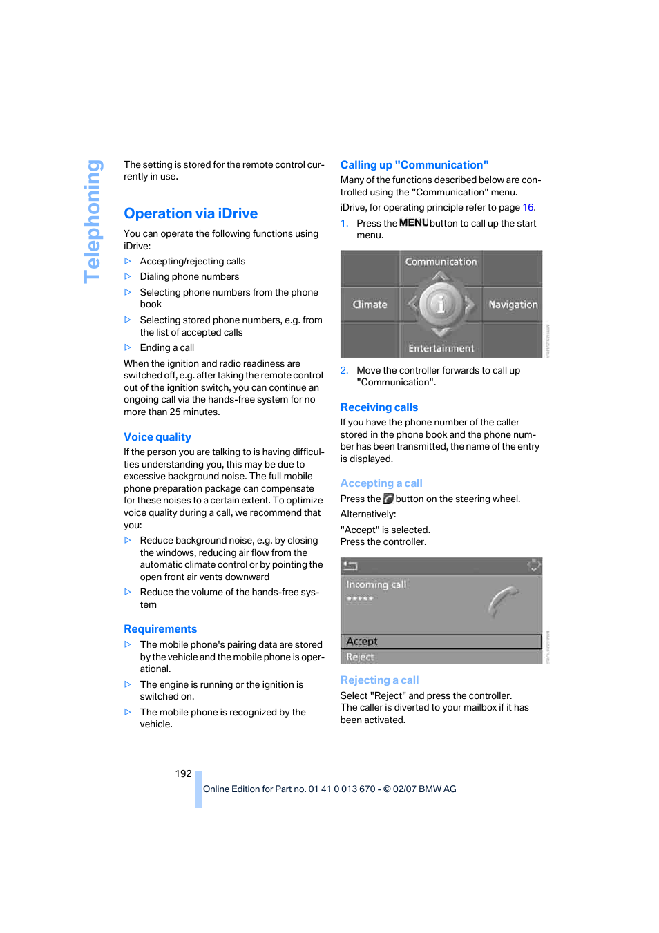 Operation via idrive, Telep h oning | BMW 335i Convertible 2007 User Manual | Page 194 / 272