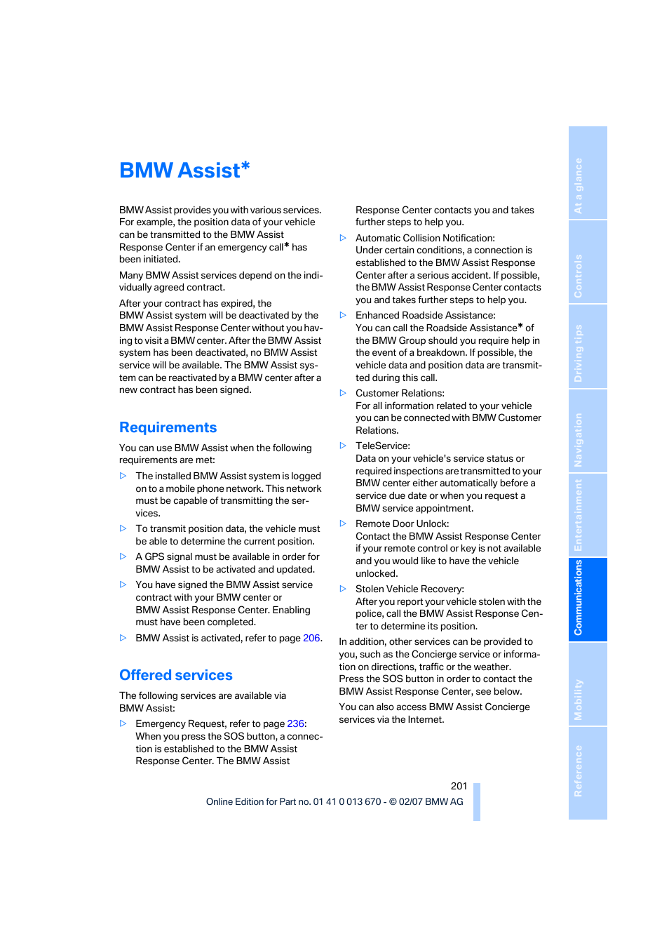 Bmw assist, Requirements, Offered services | BMW 335i Convertible 2007 User Manual | Page 203 / 272