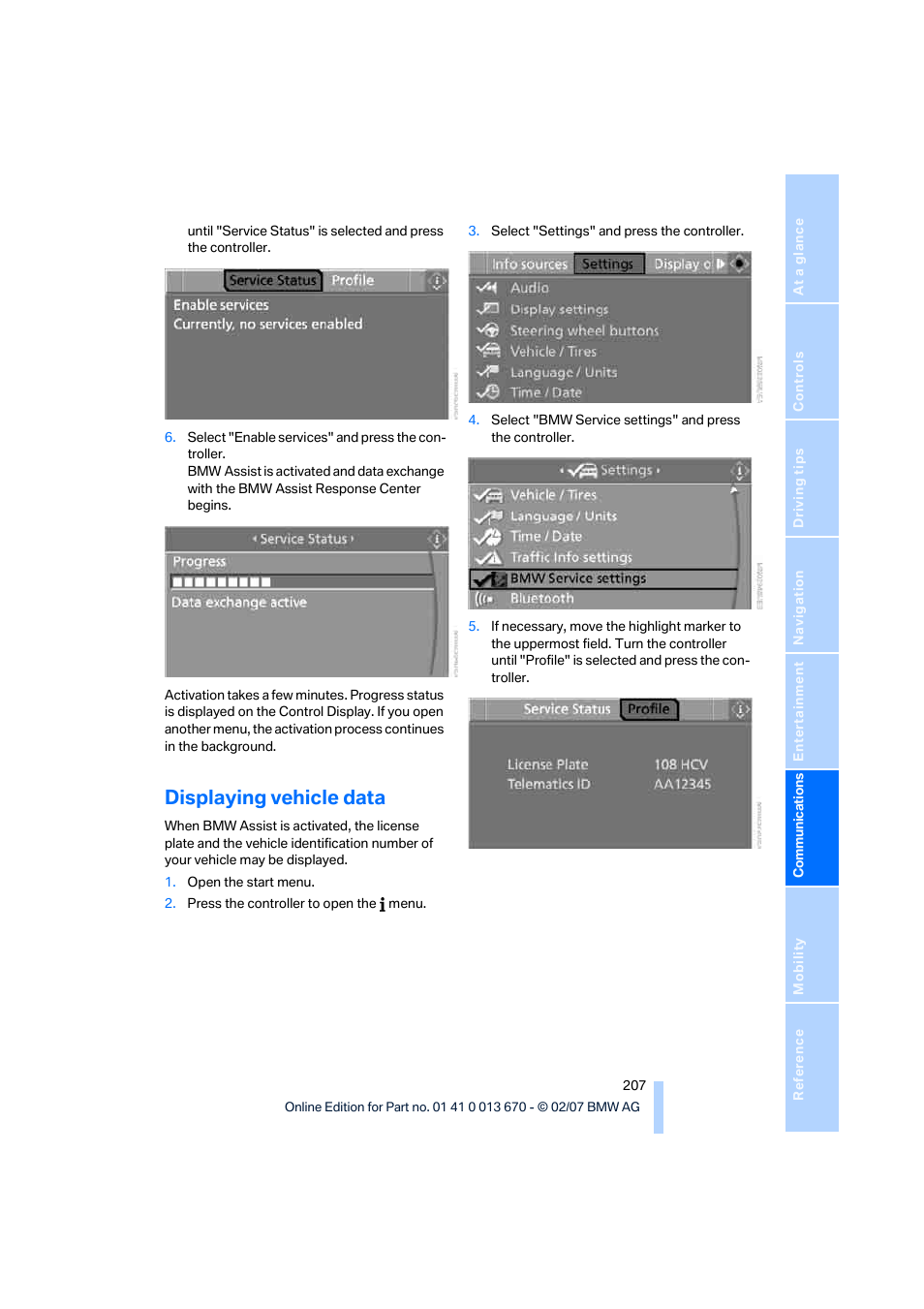 Displaying vehicle data | BMW 335i Convertible 2007 User Manual | Page 209 / 272