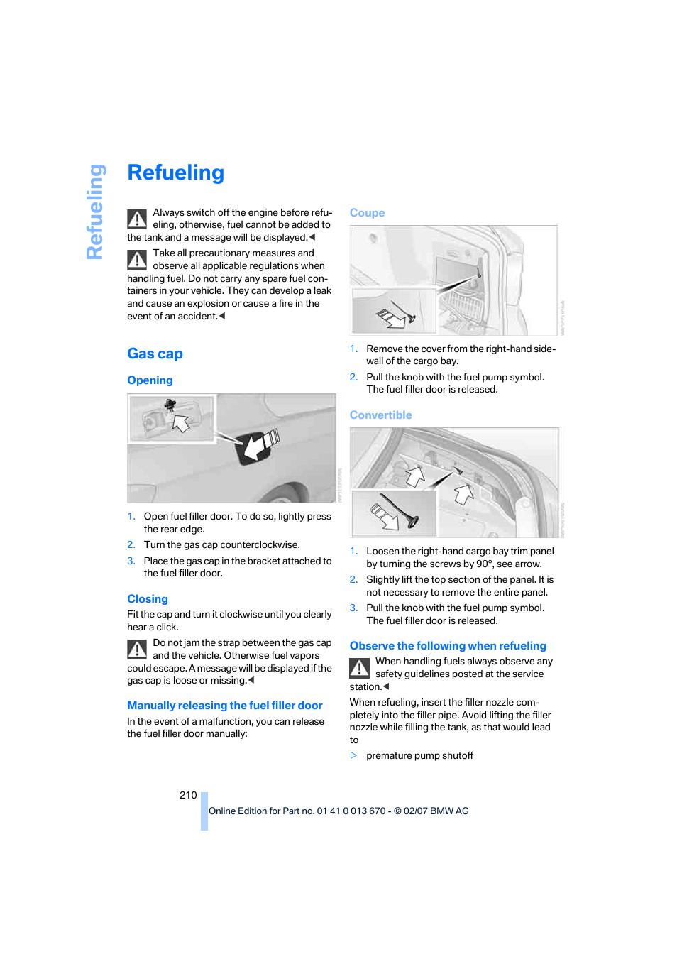 Refueling, Gas cap, Lity | Re fueling | BMW 335i Convertible 2007 User Manual | Page 212 / 272