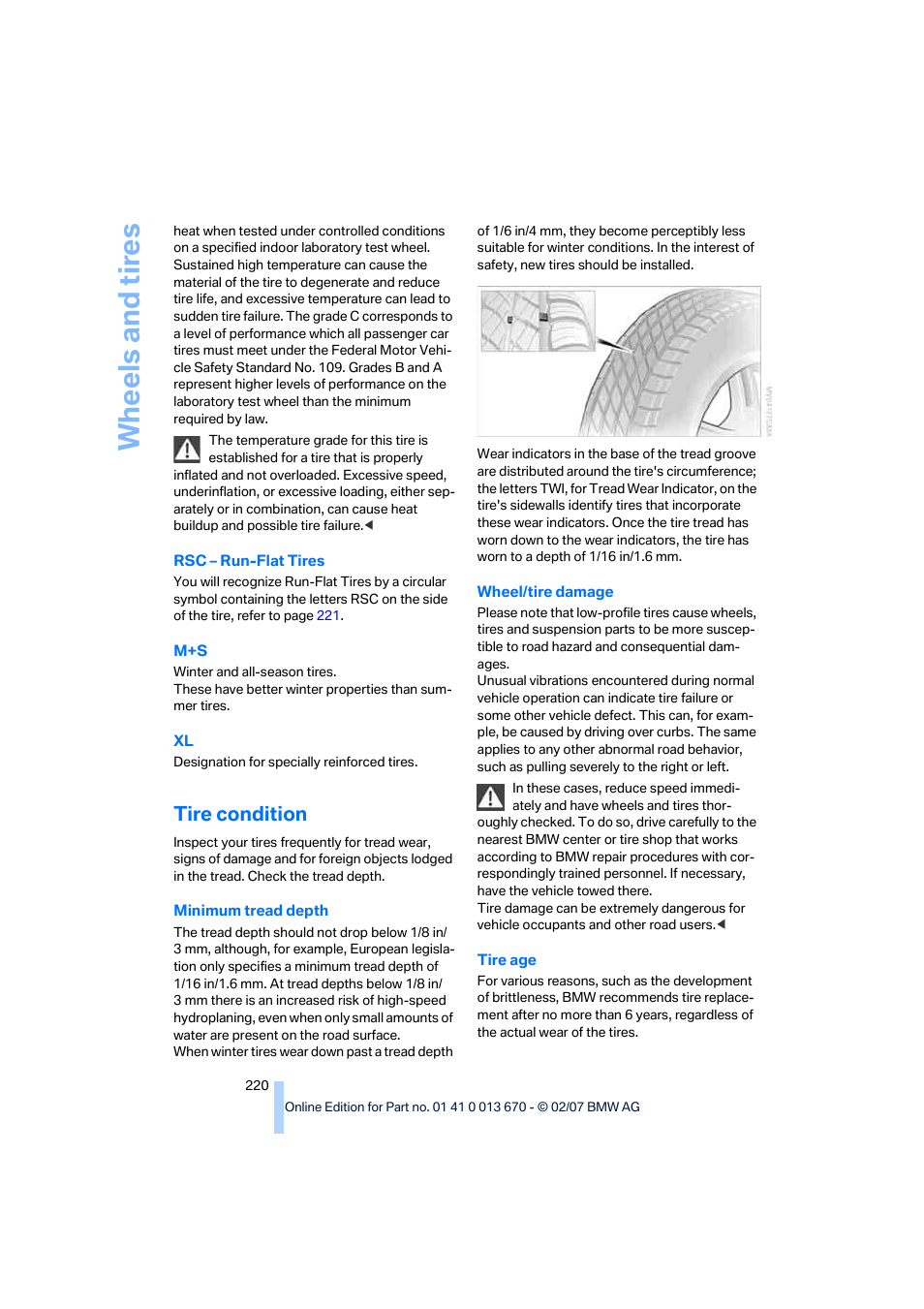 Tire condition, Wh eels and tire s | BMW 335i Convertible 2007 User Manual | Page 222 / 272