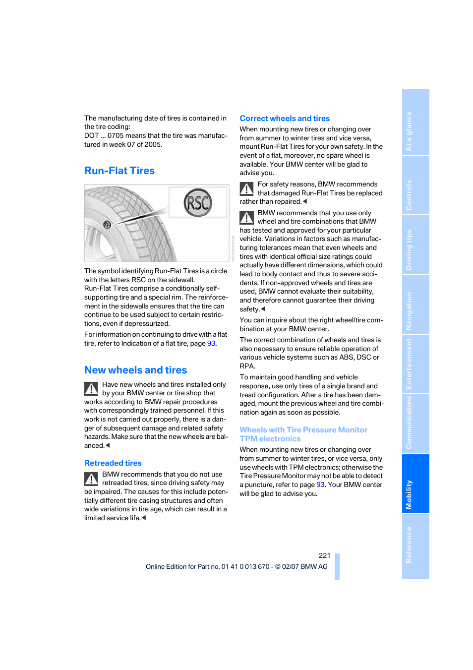 Run-flat tires, New wheels and tires | BMW 335i Convertible 2007 User Manual | Page 223 / 272