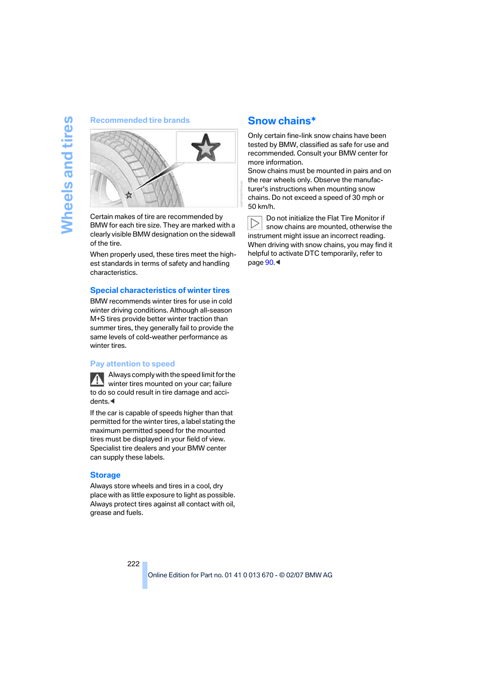 Snow chains, Wh eels and tire s | BMW 335i Convertible 2007 User Manual | Page 224 / 272