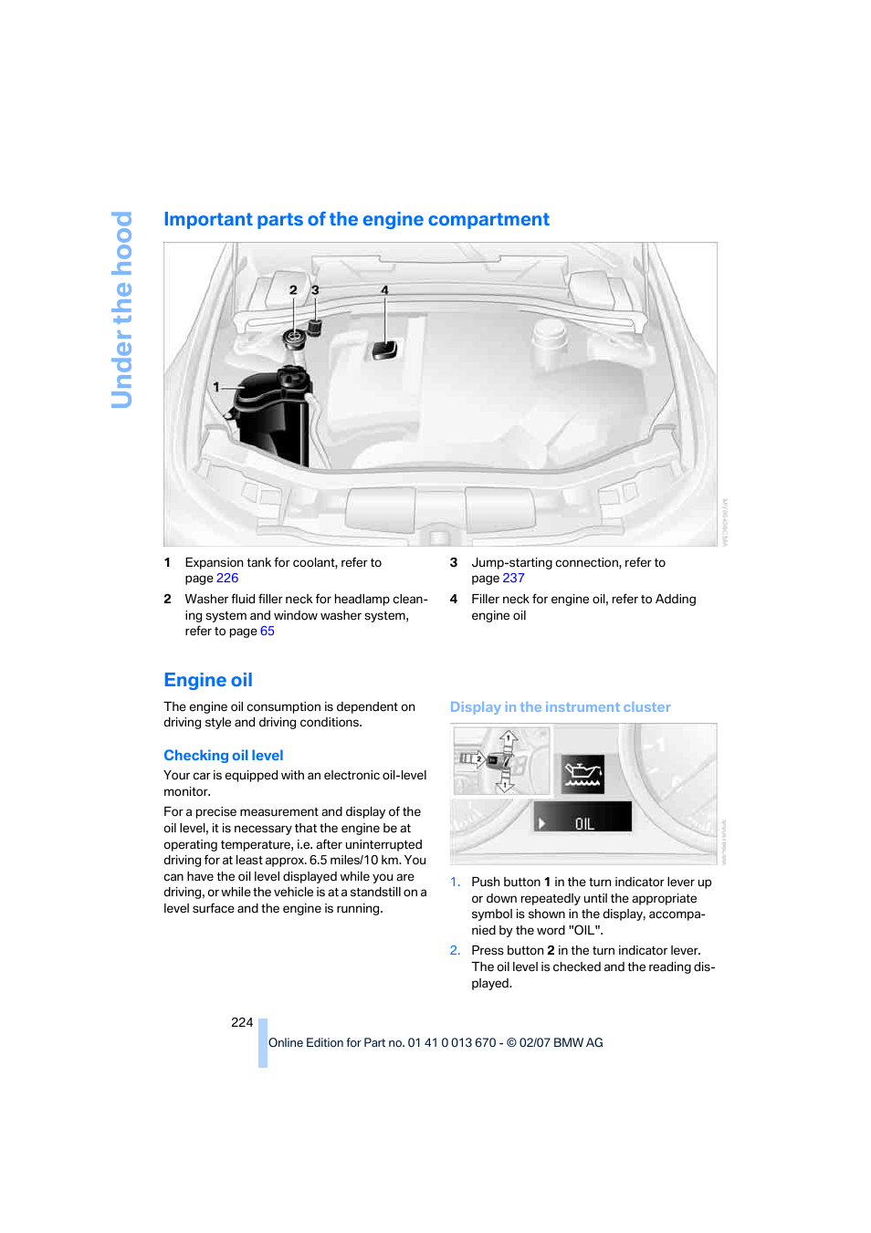 Important parts of the engine compartment, Engine oil | BMW 335i Convertible 2007 User Manual | Page 226 / 272