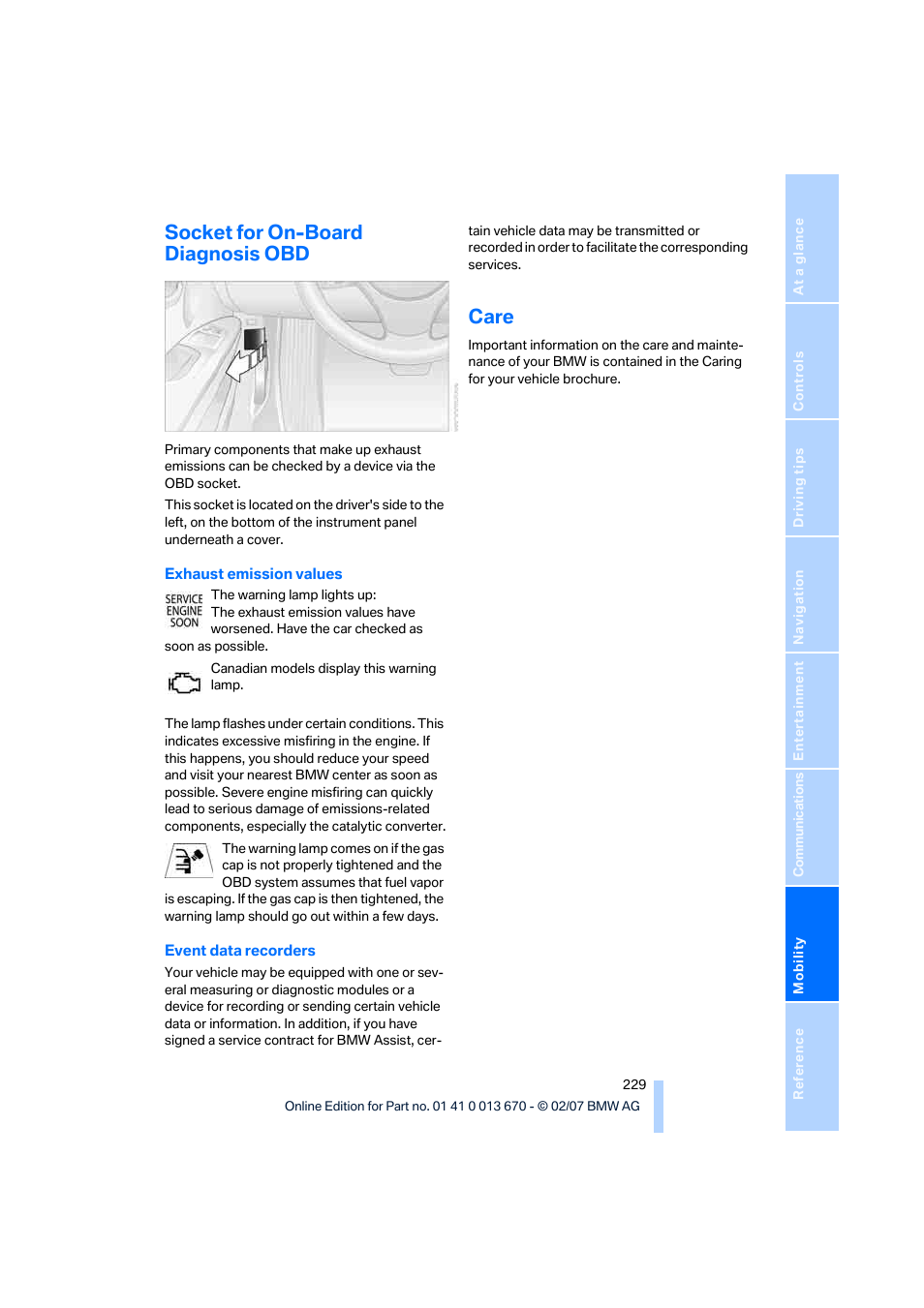 Socket for on-board diagnosis obd, Care | BMW 335i Convertible 2007 User Manual | Page 231 / 272