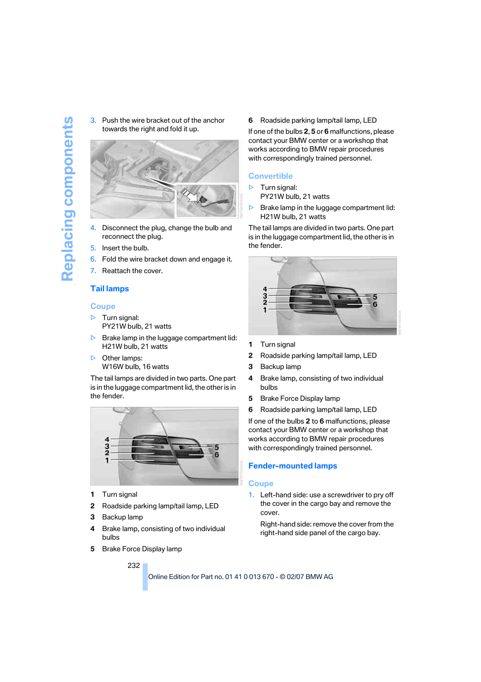 Replacing components | BMW 335i Convertible 2007 User Manual | Page 234 / 272