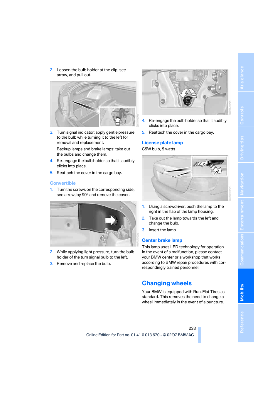 Changing wheels | BMW 335i Convertible 2007 User Manual | Page 235 / 272