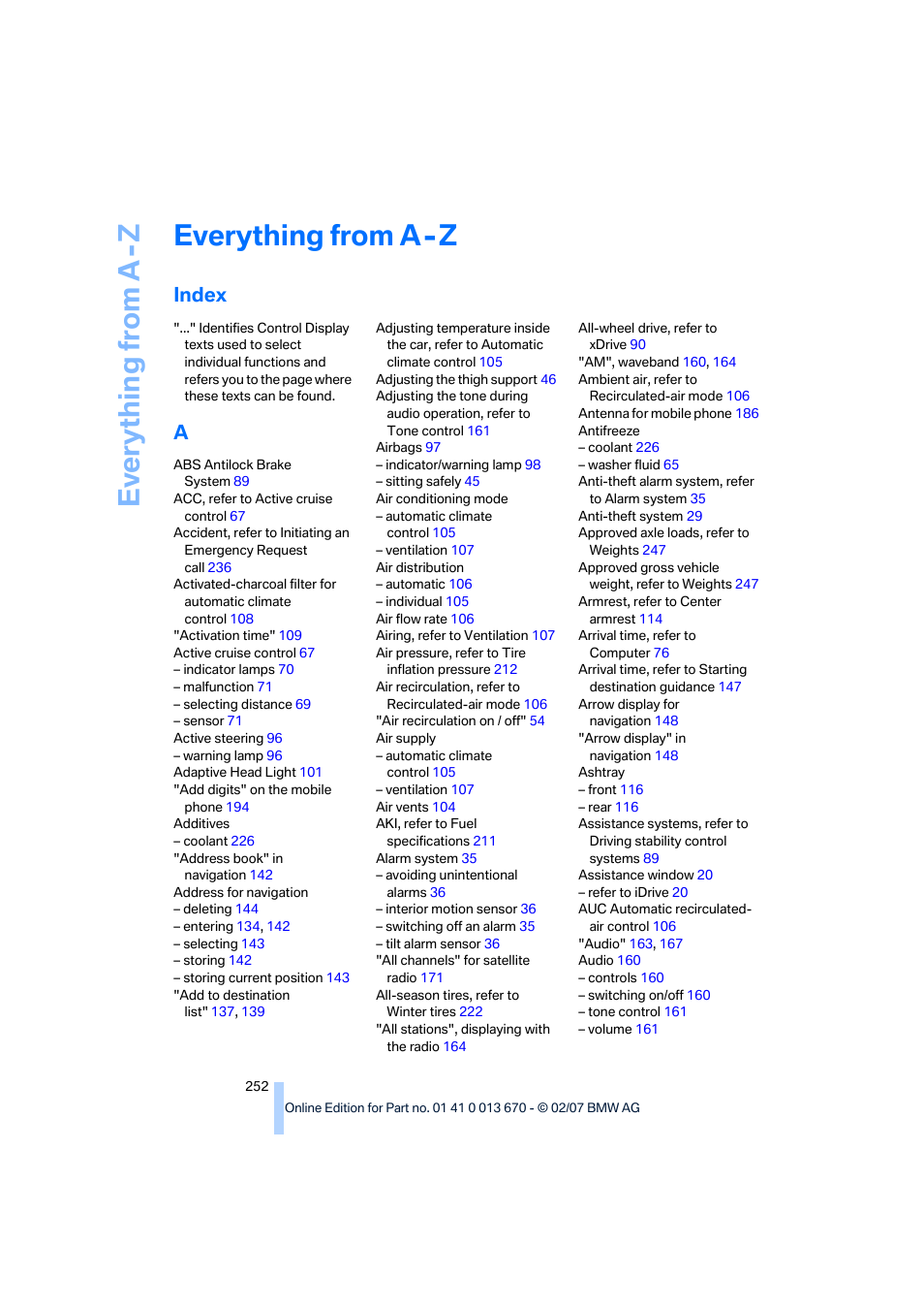 Everything from a - z, Index, Ev e ryth ing from a -z | Everything from a-z | BMW 335i Convertible 2007 User Manual | Page 254 / 272