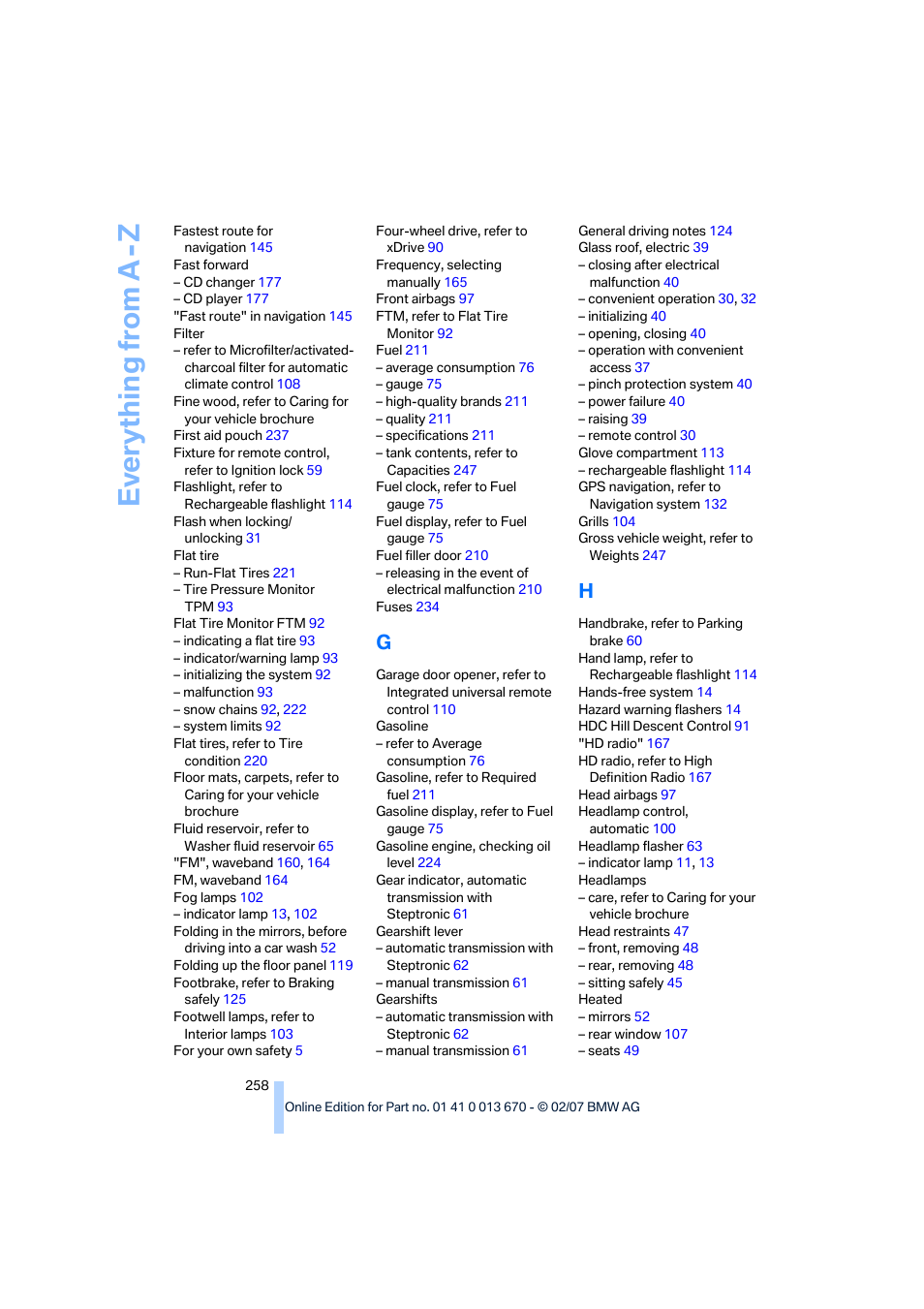 Ev e ryth ing from a -z | BMW 335i Convertible 2007 User Manual | Page 260 / 272