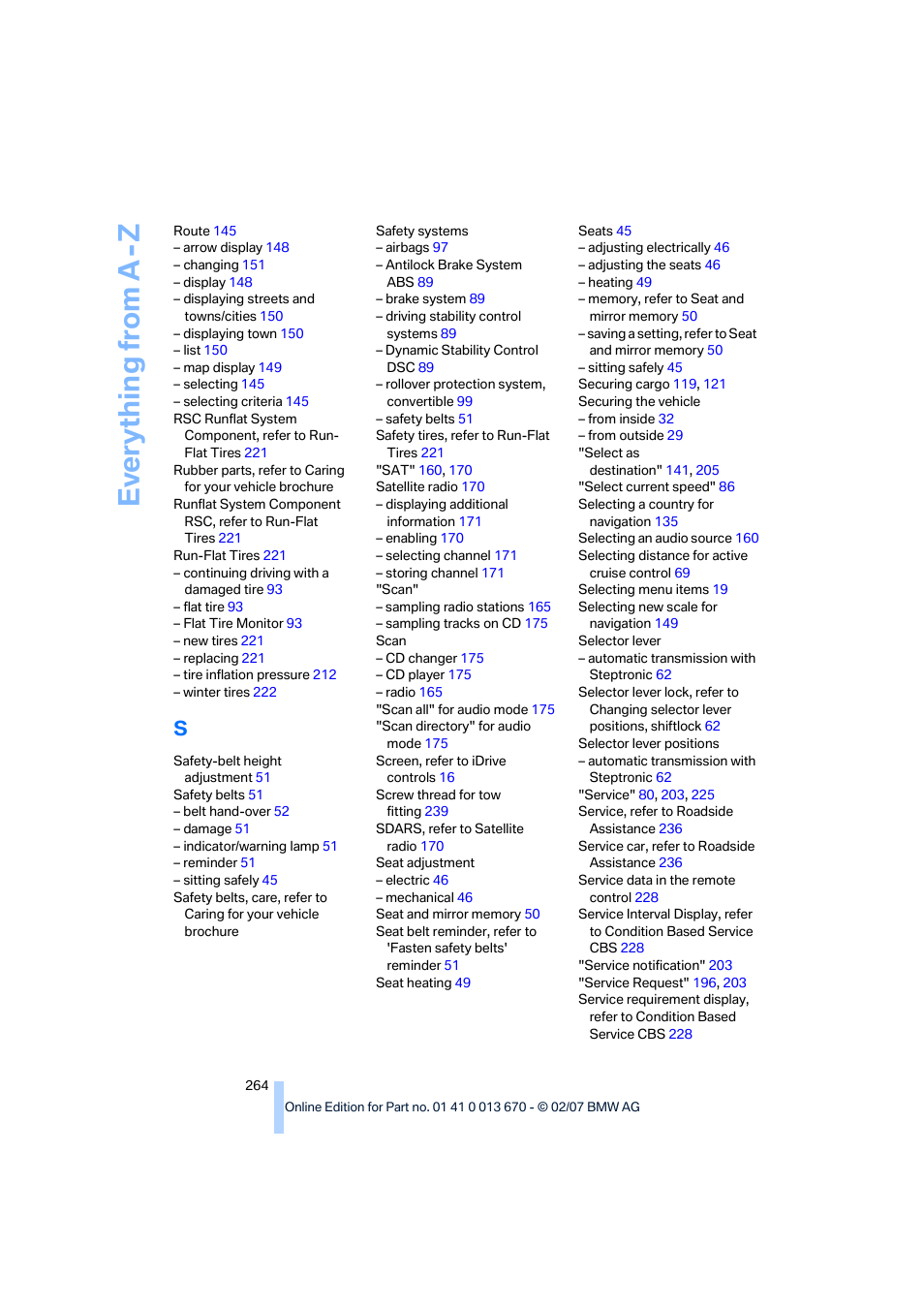 Ev e ryth ing from a -z | BMW 335i Convertible 2007 User Manual | Page 266 / 272