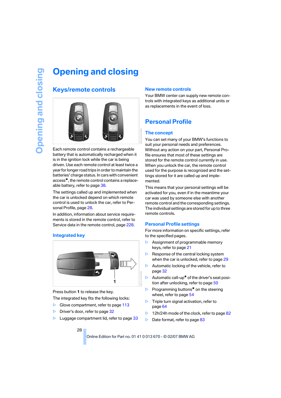 Opening and closing, Keys/remote controls, Personal profile | BMW 335i Convertible 2007 User Manual | Page 30 / 272