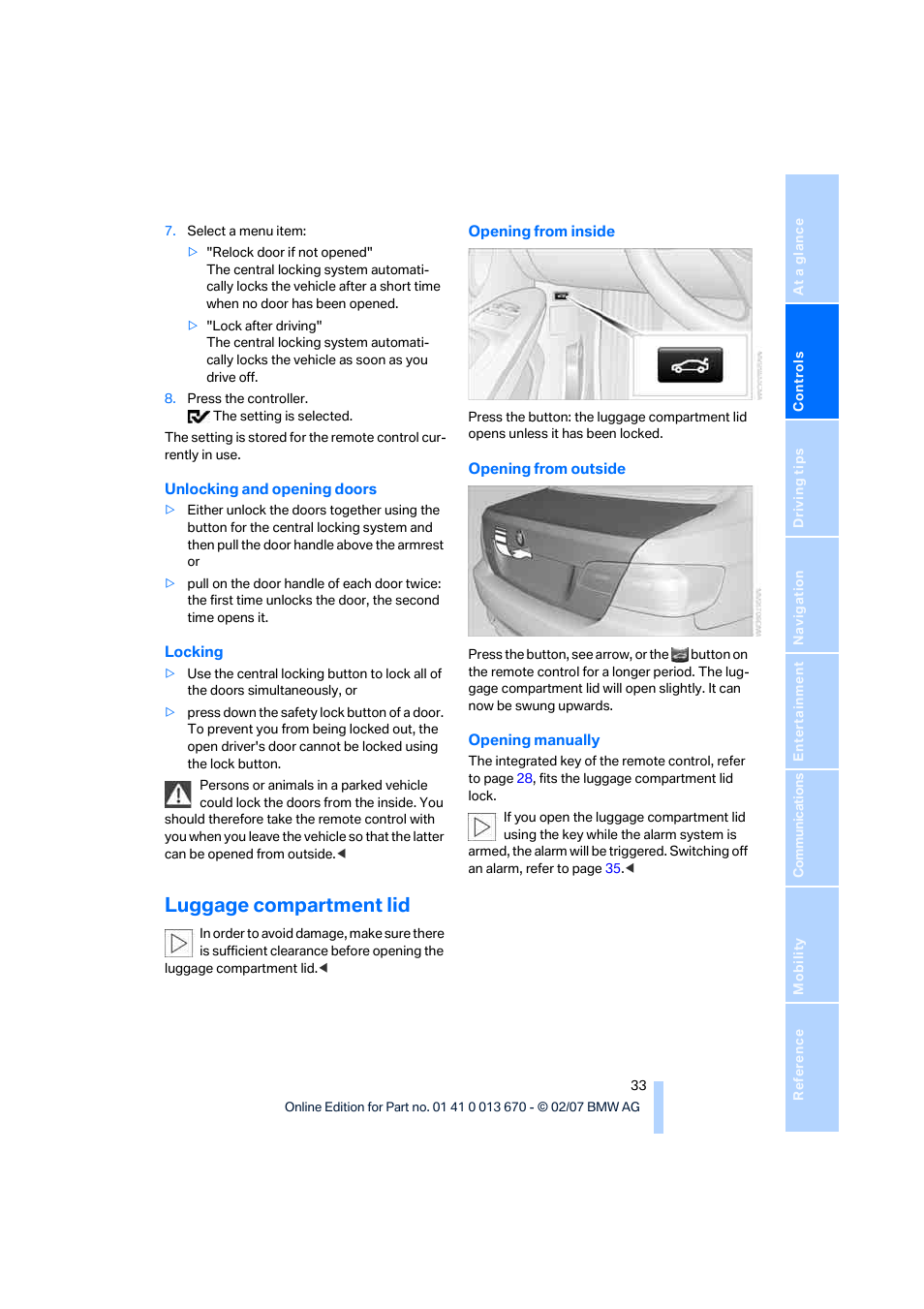 Luggage compartment lid | BMW 335i Convertible 2007 User Manual | Page 35 / 272